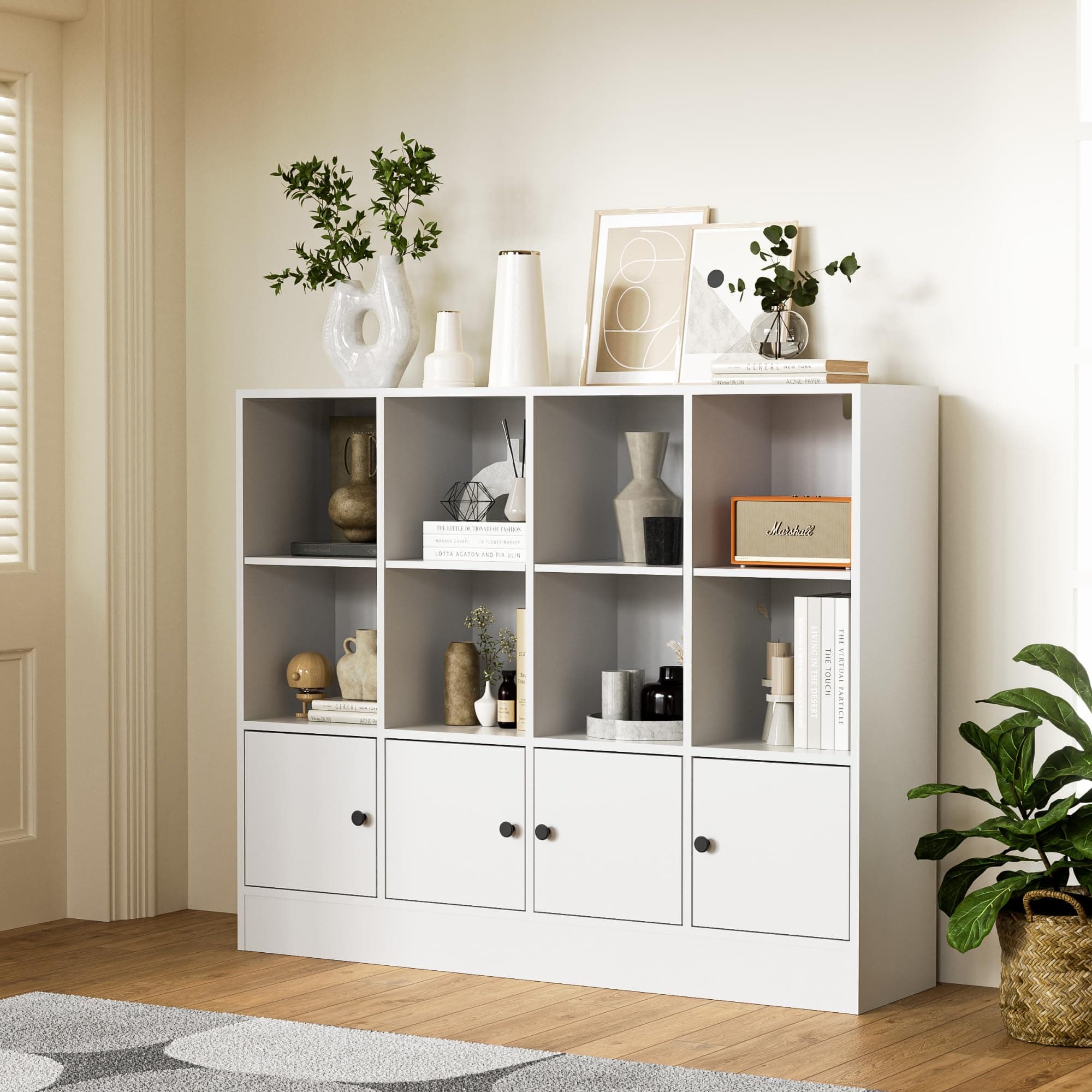 Anystyle White 12 Cube Bookshelf, 3-Tier Bookcase Storage Cabinet with 4 Door...