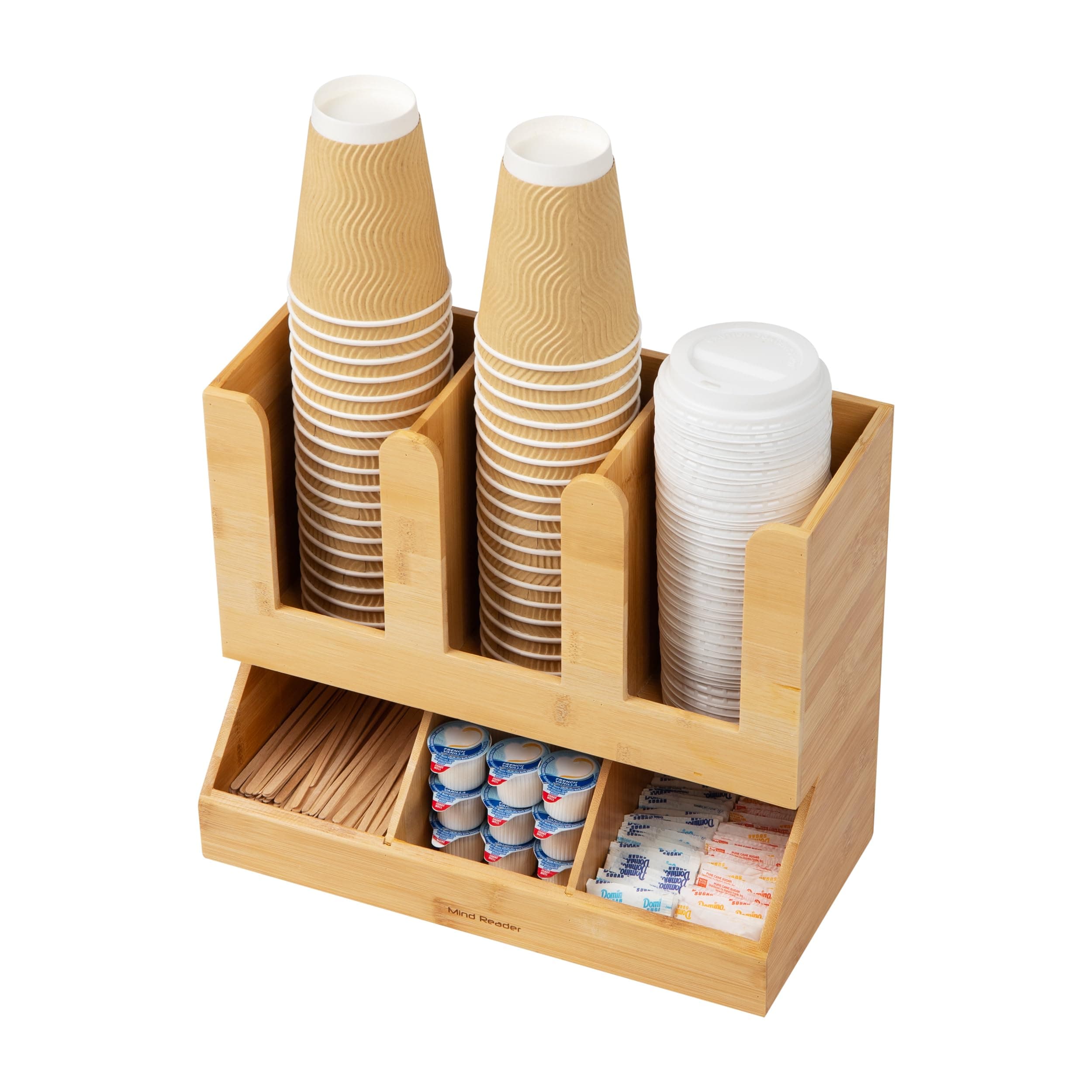 Cup and Condiment Station, Countertop Organizer, Coffee Bar, Kitchen, Bamboo, 13.625"L x 6.75"W x 11.5"H, Brown