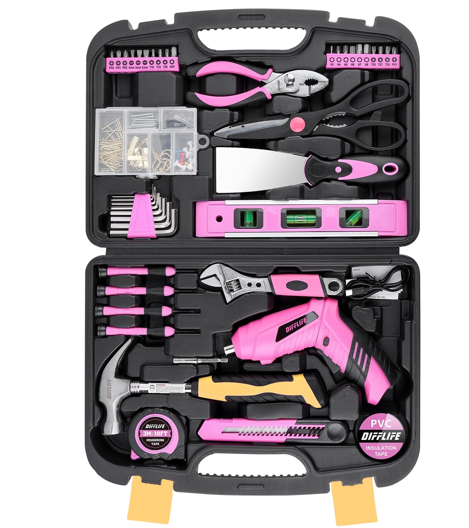 DIFFLIFETool Set Pink-136 Piece, Power Screwdrivers 3.6V General Household Hand Tool Kit with Plastic Toolbox Storage Case-136 Piece Pink