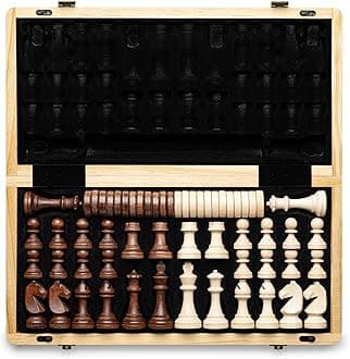 A&A 15" Magnetic Wooden Chess Set/Folding Board / 3" King Height German Knight Staunton Chess Pieces/2 Extra Queen