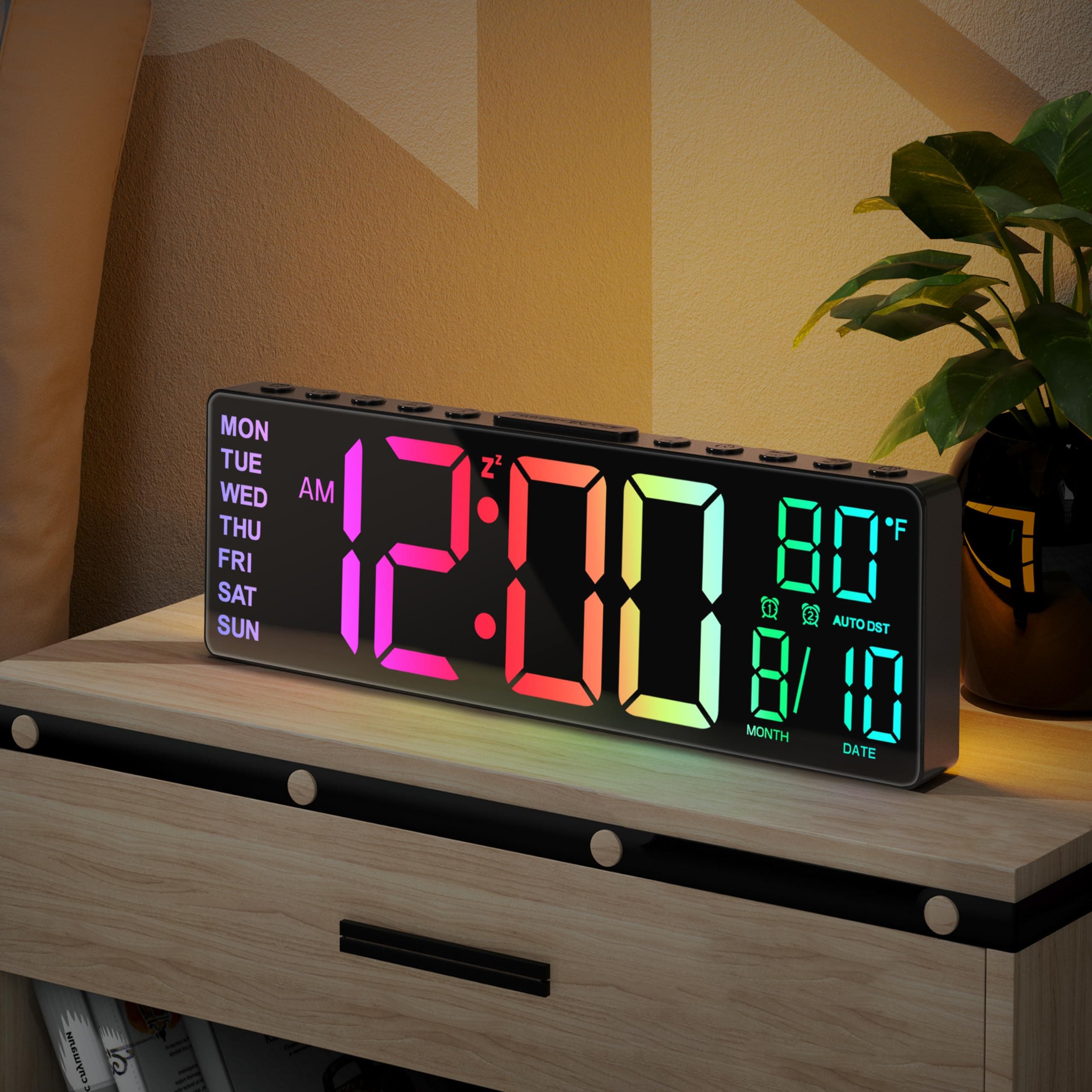 JALL 10.5'' Digital Large Alarm Clock with 8-in-1 RGB Colors, Date, Month, Temperature LED, Auto DST, Modern for Desk, Wall, Living Room, Bedroom, Birthday Xmas Gift (Black, 10.5 inches)