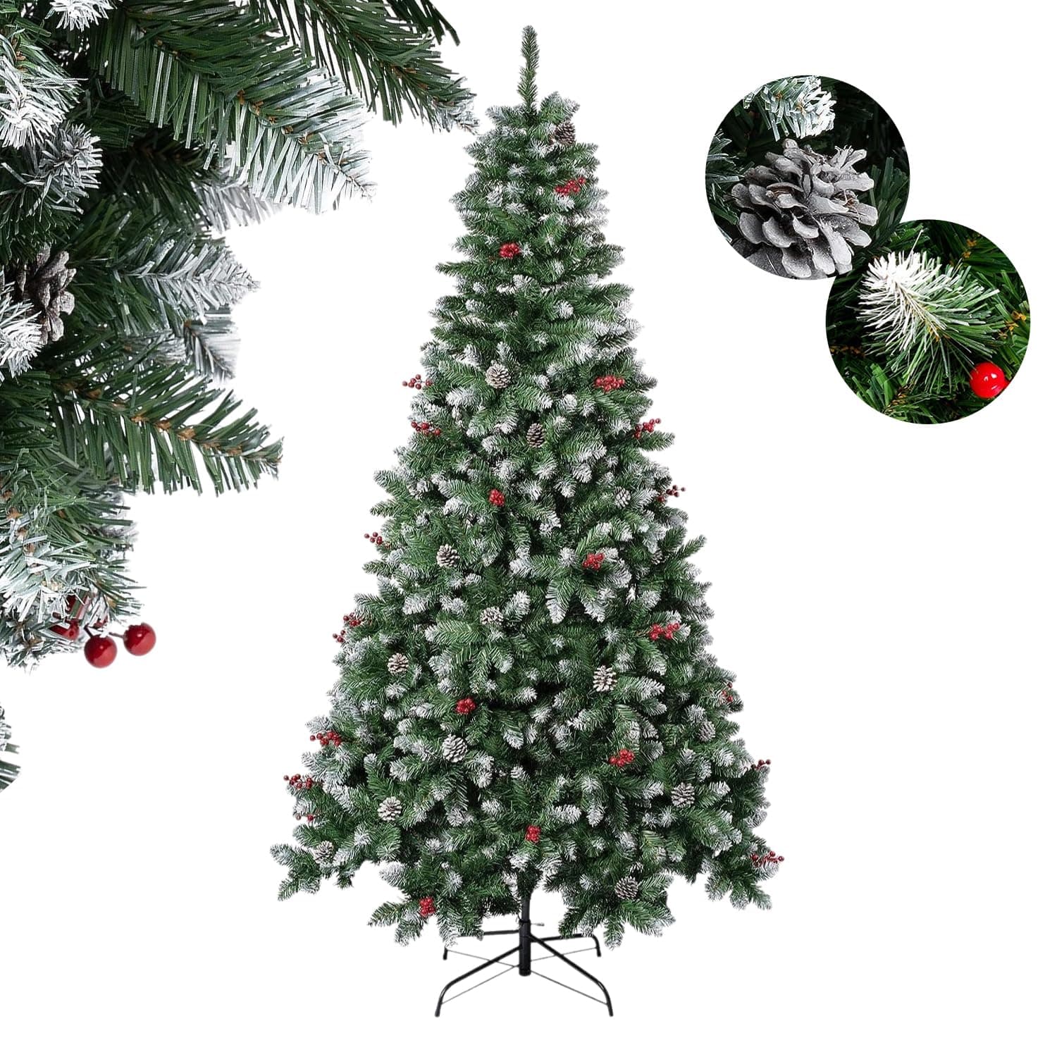 UimoKi 1.8M Christmas Tree, Unlit Snow Flocked Artificial Xmas Tree with Metal Stand, Premium PVC, 744 Branch Tips, Easy Assembly Hinged Christmas Pine Tree for Home, Party, Holiday Decoration