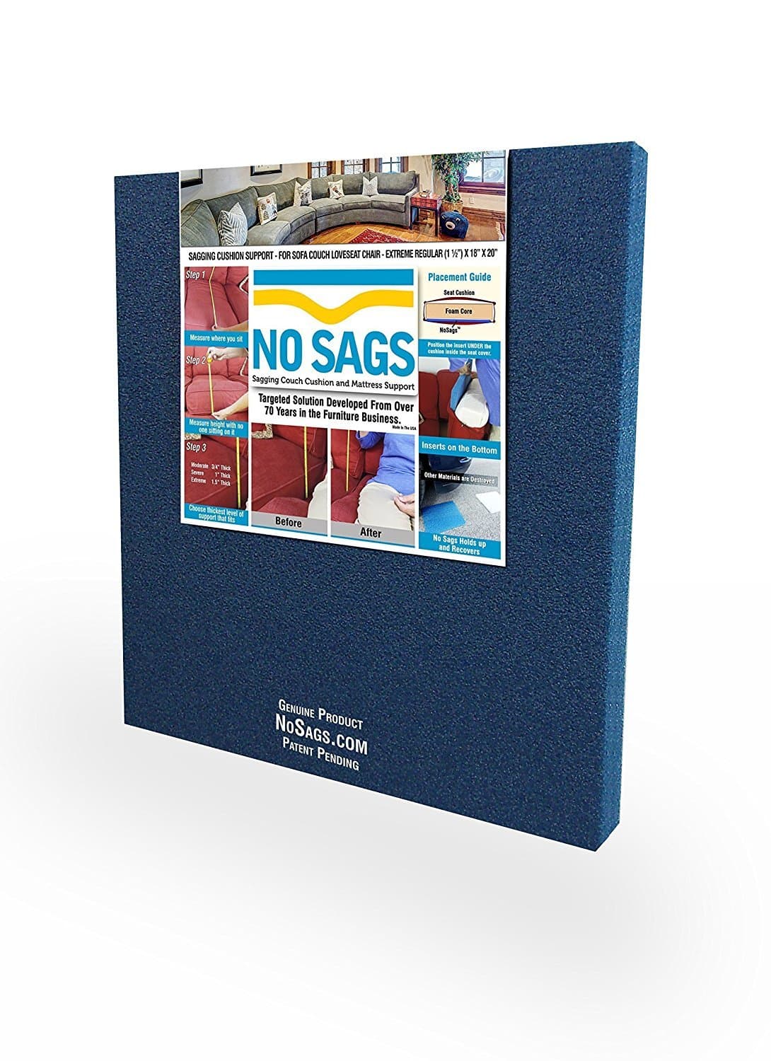 SagsAway Ultimate Sagging Cushion Repair Solution. Flexible and Dense Foam Insert To Fix Saggy Sofa, Loveseat and Chair Seats Of Any Size. Restore Comfort and Looks, and Delay Buying New Furniture.