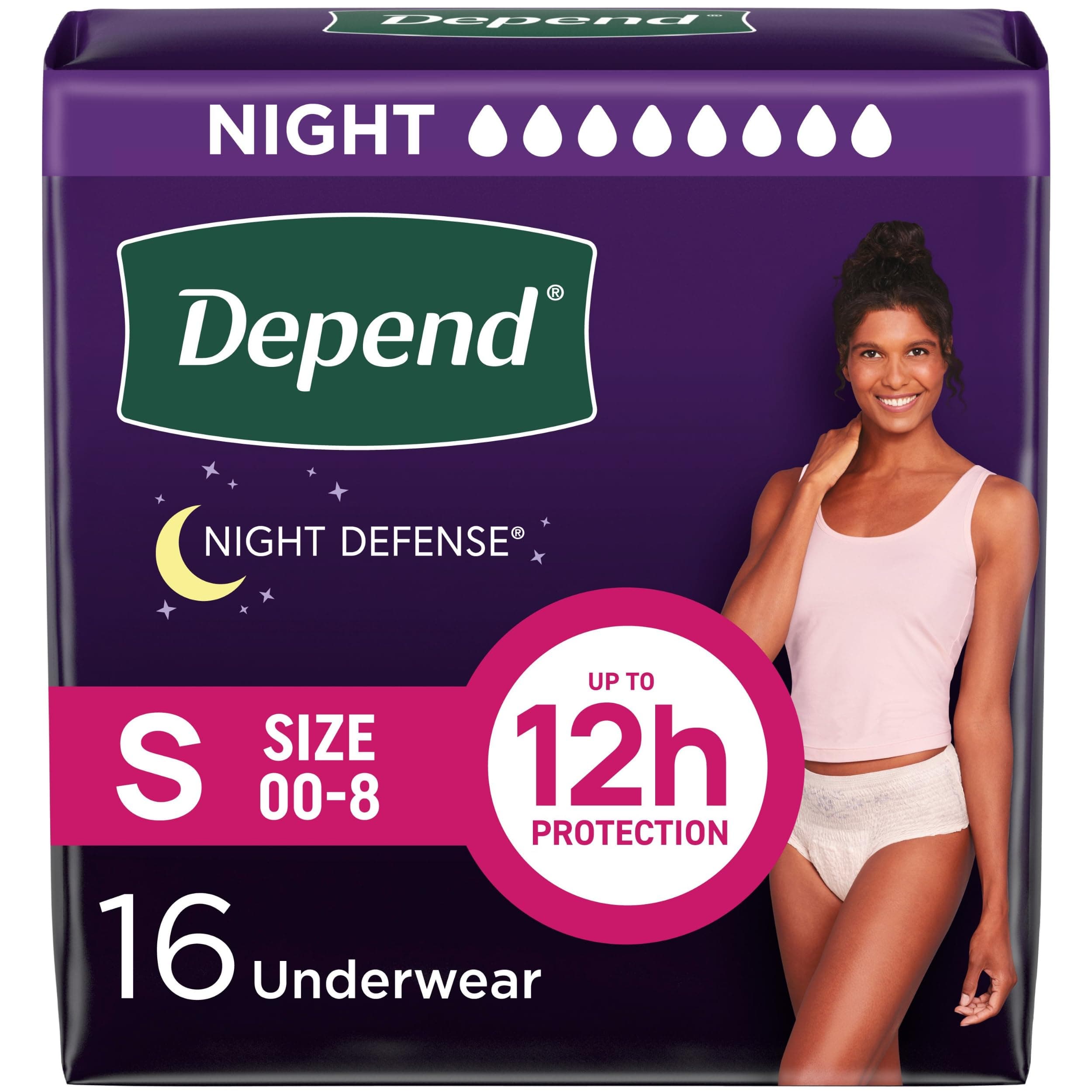 16 Count (1 Package) Small Depend Night Defense Underwear - Overnight