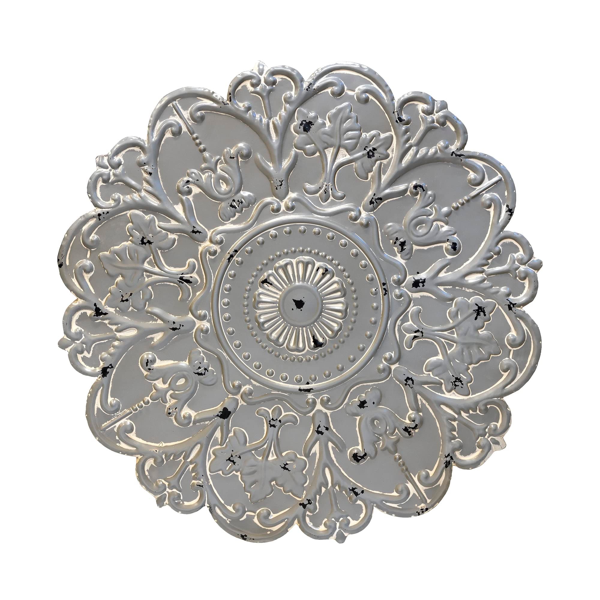 Stratton Home Decor Grey Medallion Wall Decor - Handcrafted Decorative Art Piece, Traditional Ornament, Indoor Rustic Accent Piece for Bedroom, Living Room, Hallway - Floral Motif, Distressed Finish