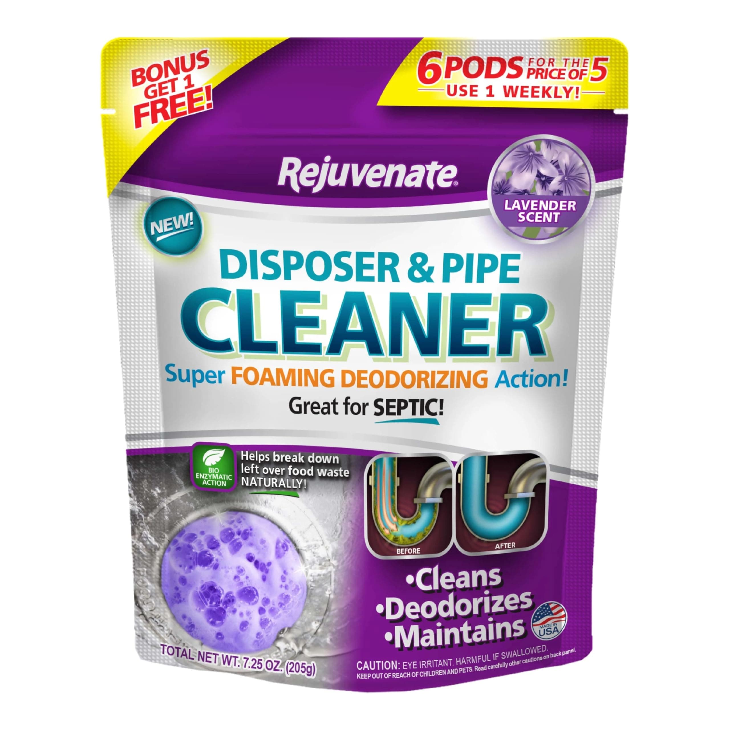 Rejuvenate Garbage Disposal and Drain Pipe Cleaner Powerful Foaming Action and Removes Garbage Disposal Smells 6 Unit Pack Lavender Scent