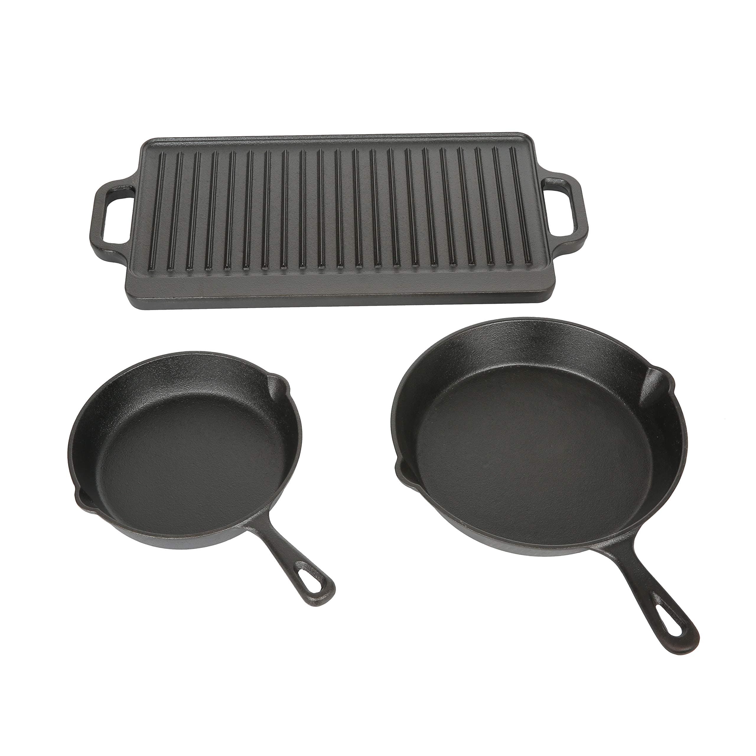 OZARK Trail 3 Piece Cast Iron Skillet Set with Griddle Made of Durable cast Iron That Will Last for Generations