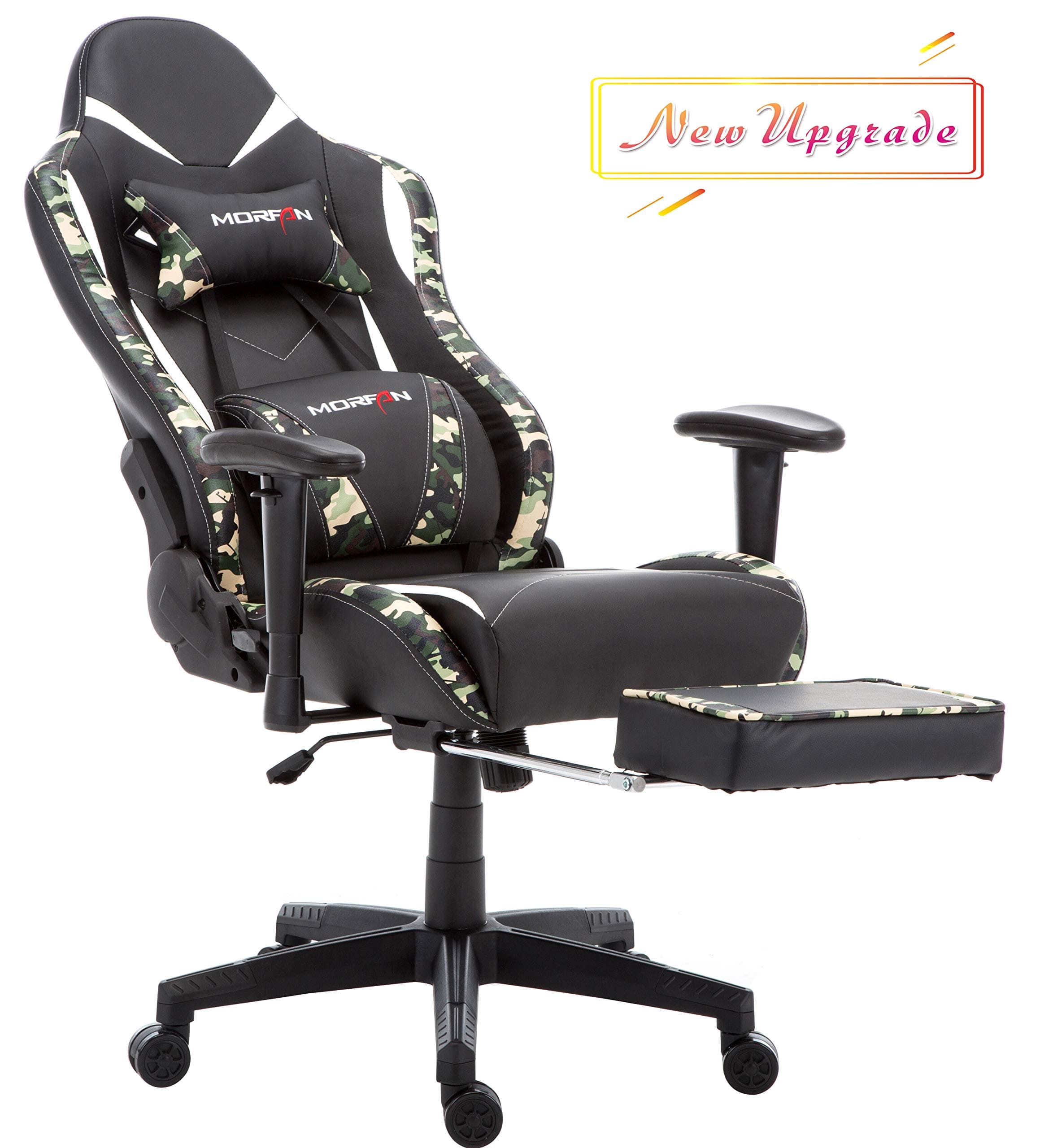 Large Size Gaming Chair Massage and Rocking Function with Footrest Large Size High Back Computer PU Leather Swivel Racing Chair with Adjusted Headrest & Lumbar Support (Black/Camo)