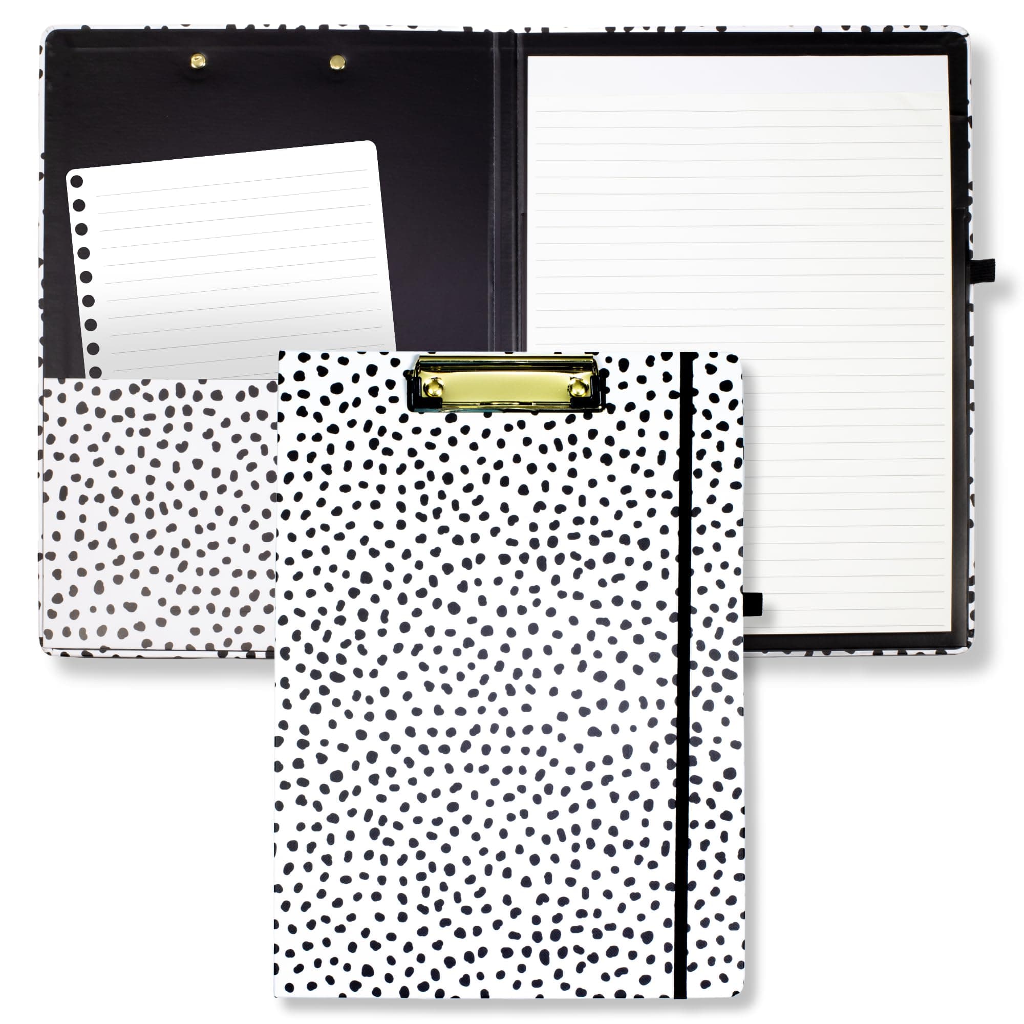 Steel Mill & Co Cute Clipboard Folio with Refillable Lined Notepad and Interior Storage Pocket, Black and White Padfolio for Work, Black Dots