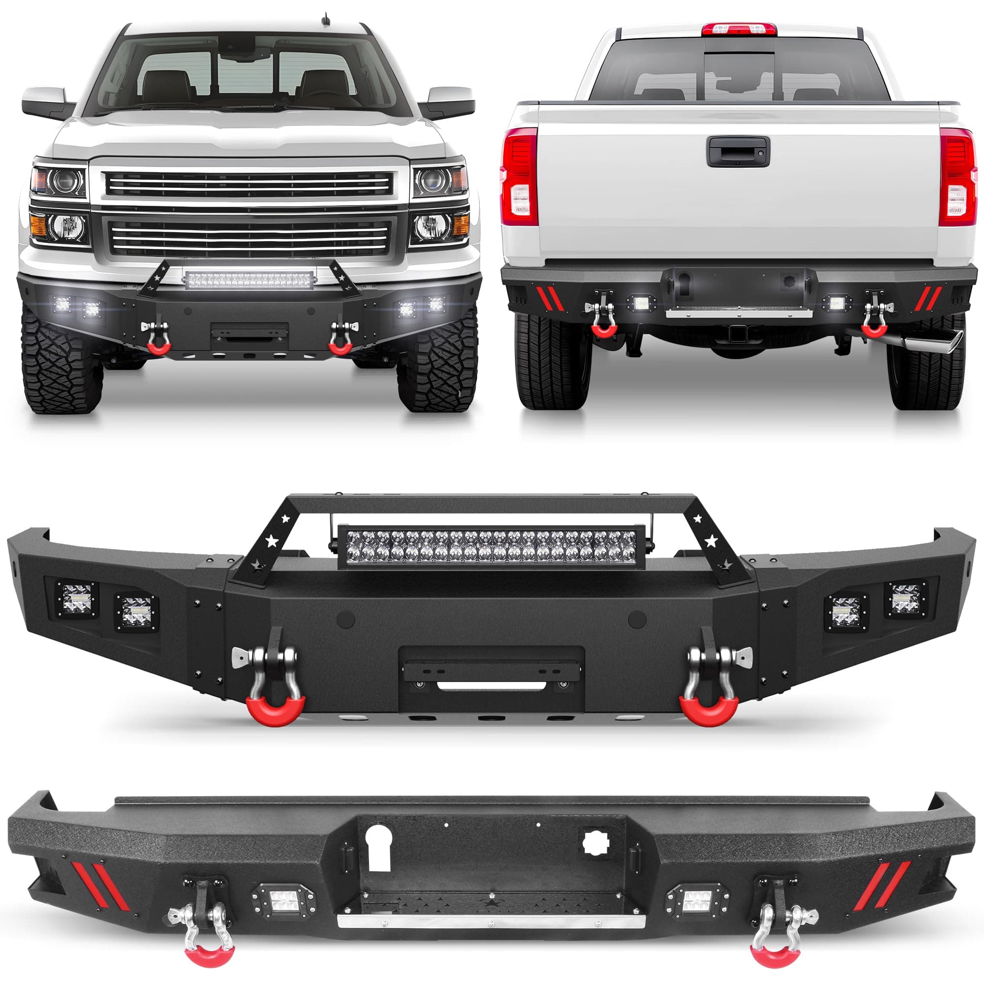 Front & Rear Bumper for 2014-2015 Chevy Silverado 1500, Silverado Bumper Black with Winch Plate, D-rings, Lights and License Plate Bracket (Compatible with Chevrolet Silverado 1500 2014-2015)
