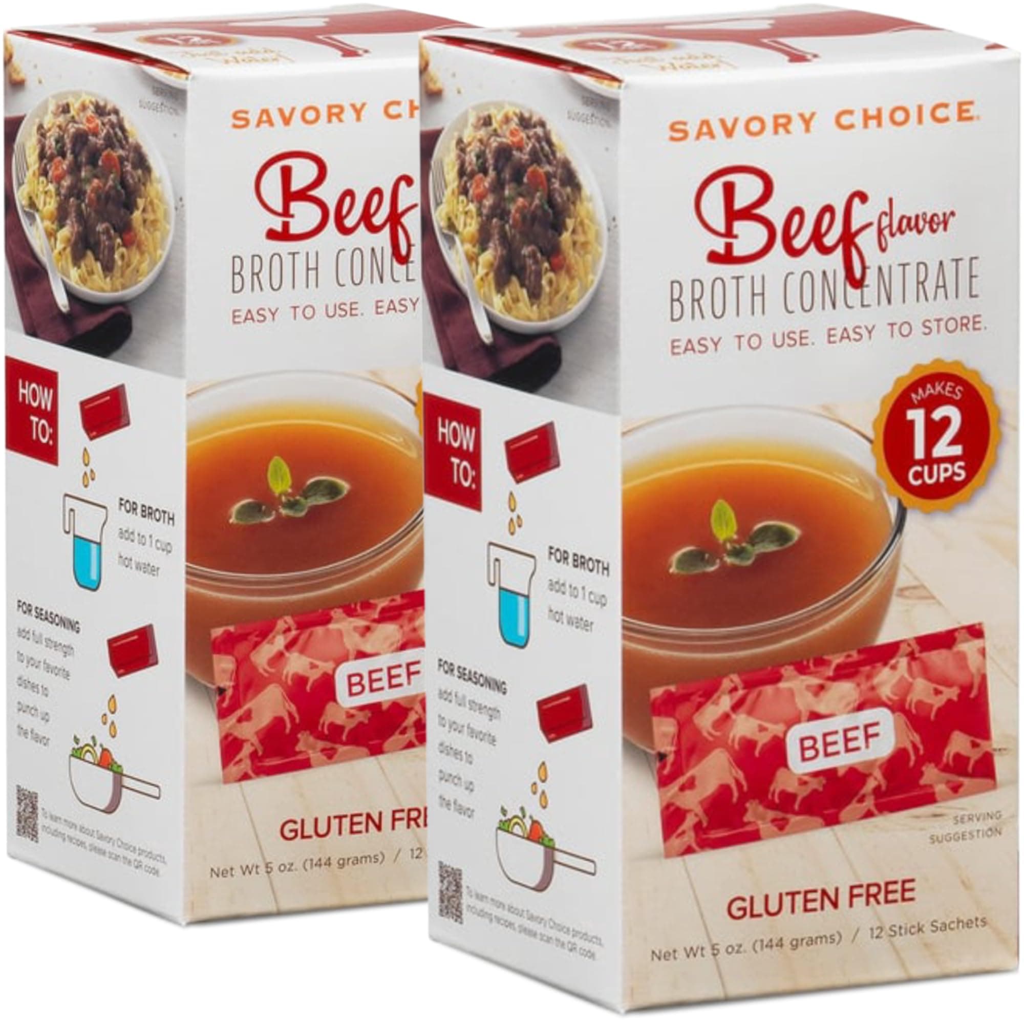 SAVORY CHOICE Beef Broth Concentrate, 2 Box of 12 Packets (12g) - Gluten-Free, Diary-Free Broth Concentrate