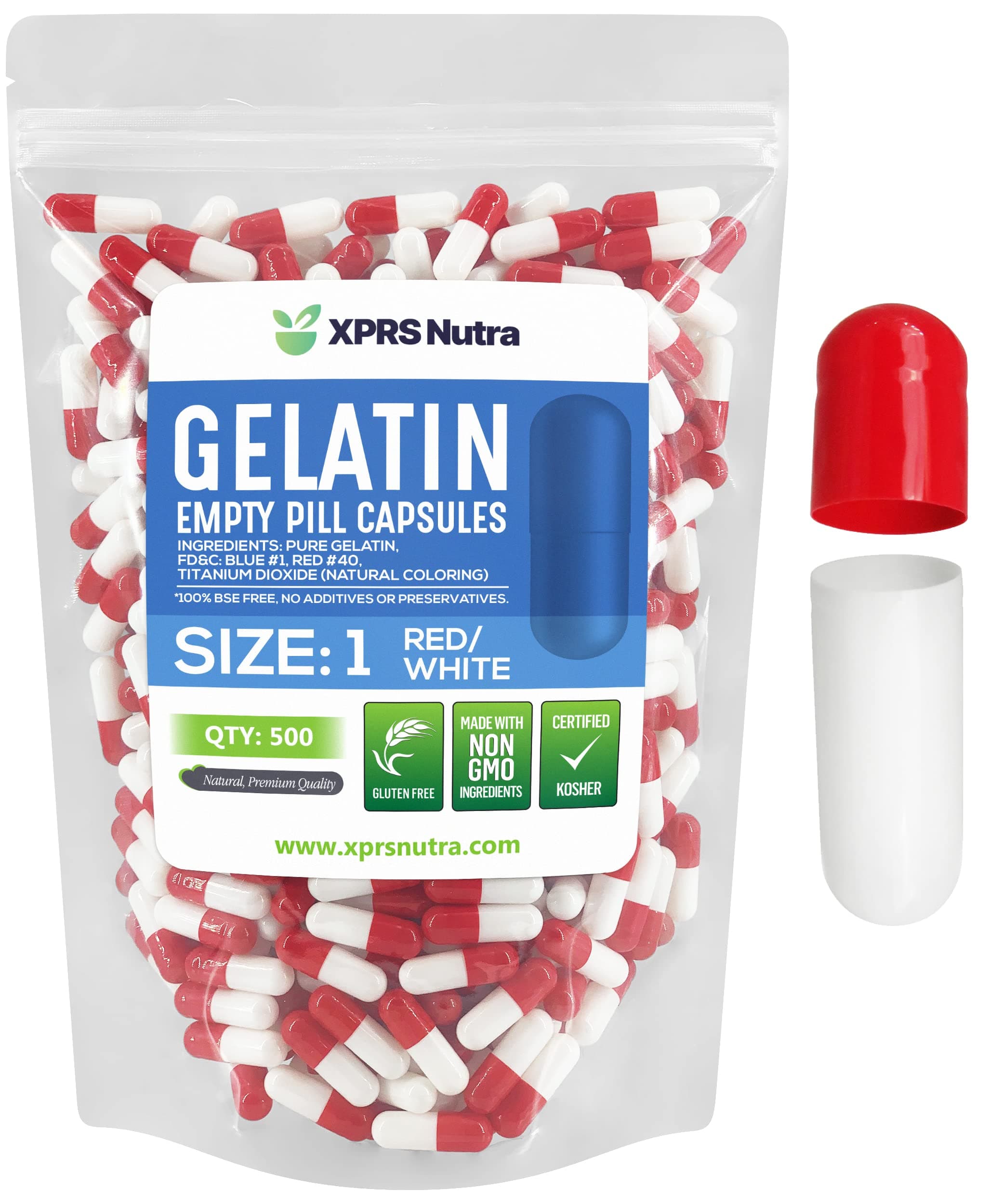 Capsules Express- Size 1 Red and White Empty Gelatin Capsules - Kosher - Pure Gelatin Pill Capsule - DIY Powder Filling (500)