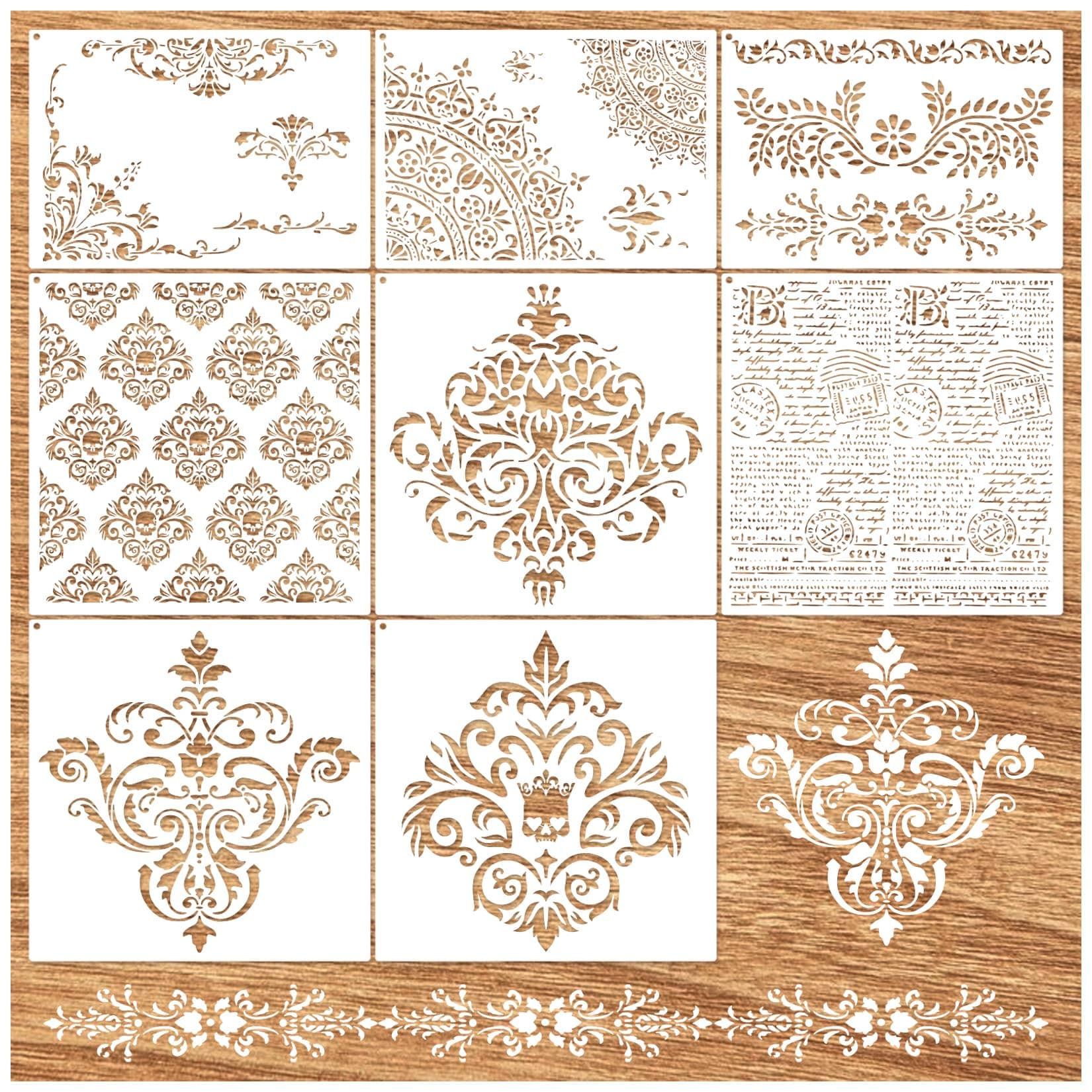 Large Damask Stencils for Walls Drawing Corner Border Stencil Reusable Layering Wall Stencils for Painting on Wood Furniture Patterns DIY Craft Canvas Fabric Decoration(demask)