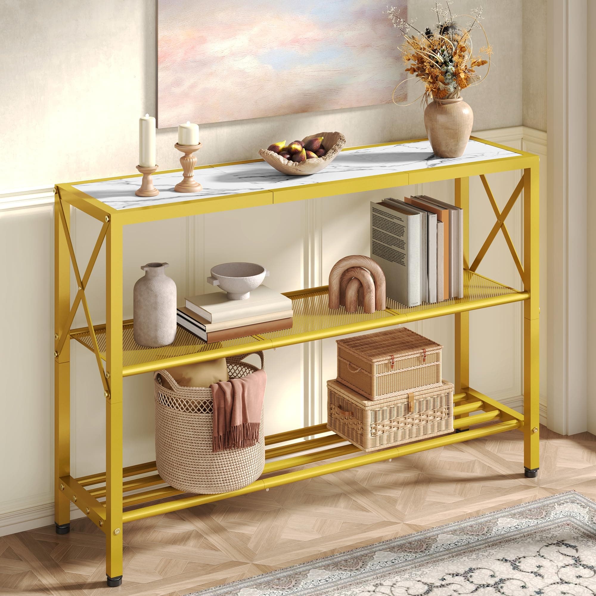 Hoctieon Gold Console Table, 3 Tier Entryway Table, Hallway Table, Narrow Sofa Table with Shelves, Entrance Table for Entryway, Gold and White