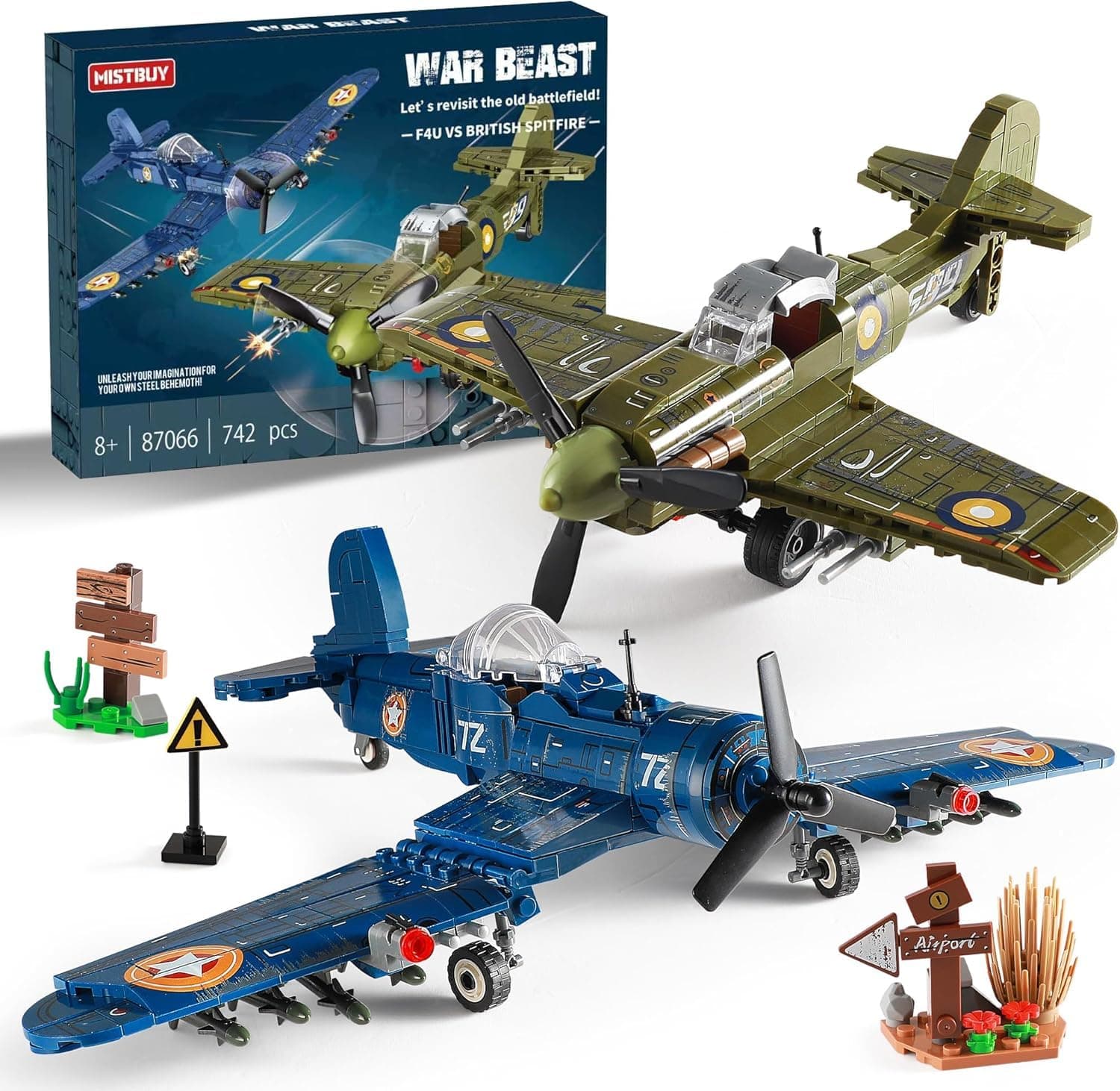WW2 Military Plane Building Sets Compatible with Lego, Create US F4U & UK Spitfire Fighter Jet Models Toys, Great Army Airplane Aircraft Gifts for Boys Kids