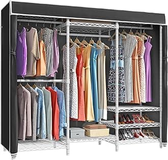 VIPEKV5C Bedroom Armoires Portable Clothes Closet Rack, White Metal Clothing Rack with Black Cover, Adjustable Custom Freestanding Closet Wardrobe Heavy Duty Covered Clothes Rack, Max Load 800LBS