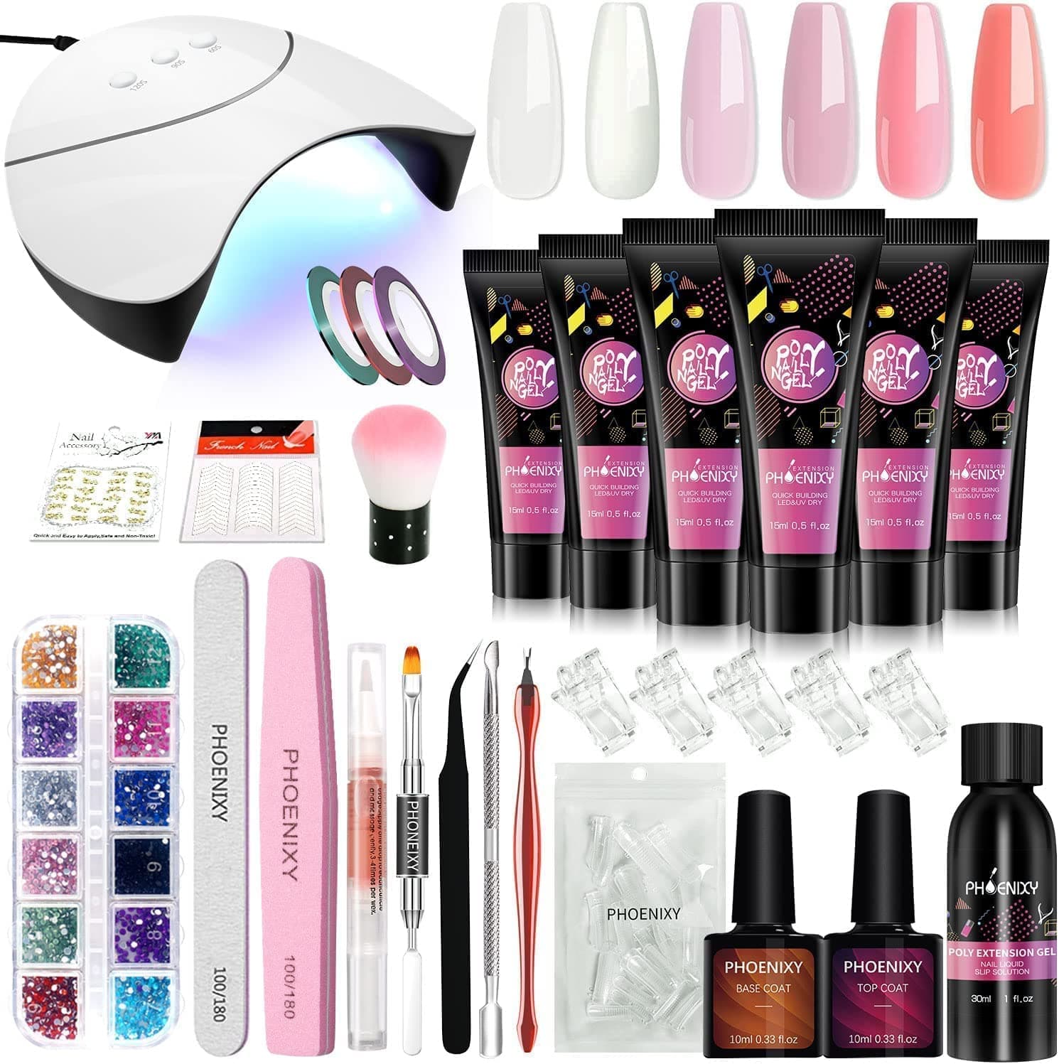 Poly Nail Gel Kit with Nail Lamp, Phoenixy Poly Extension Gel Nail Set 6 Colours with Slip Solution Starter Full Kit Builder Gifts Set for Women