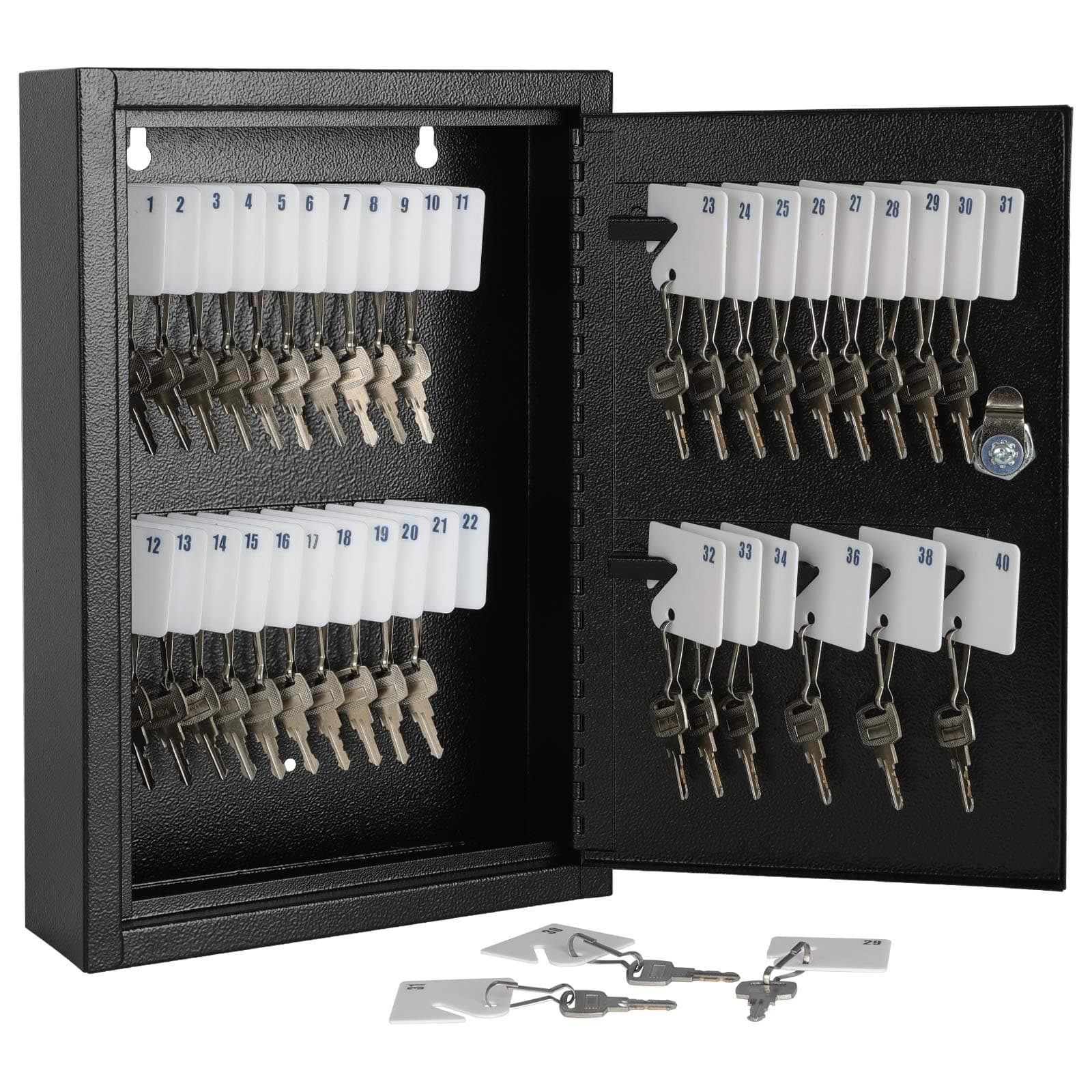 KYODOLED Key Storage Lock Box Wall Mount, Locking 40 Key Cabinet Holder Box with Key Lock, Hooks & Labels, 2.5" D x 8.1" W x 12.1" H, Black