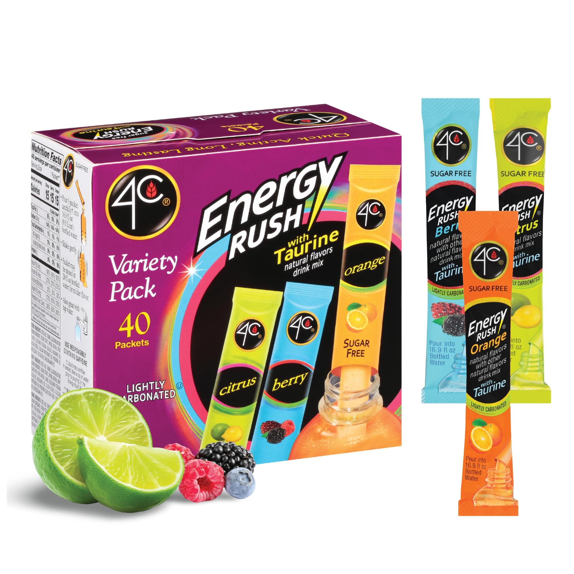 Energy Rush Stix, Variety 1 Pack, 40 Count, Single Serve Water Flavoring Packets, Sugar Free with Taurine, On the Go Bundle (20 Berry, 10 Orange, 10 Citrus)