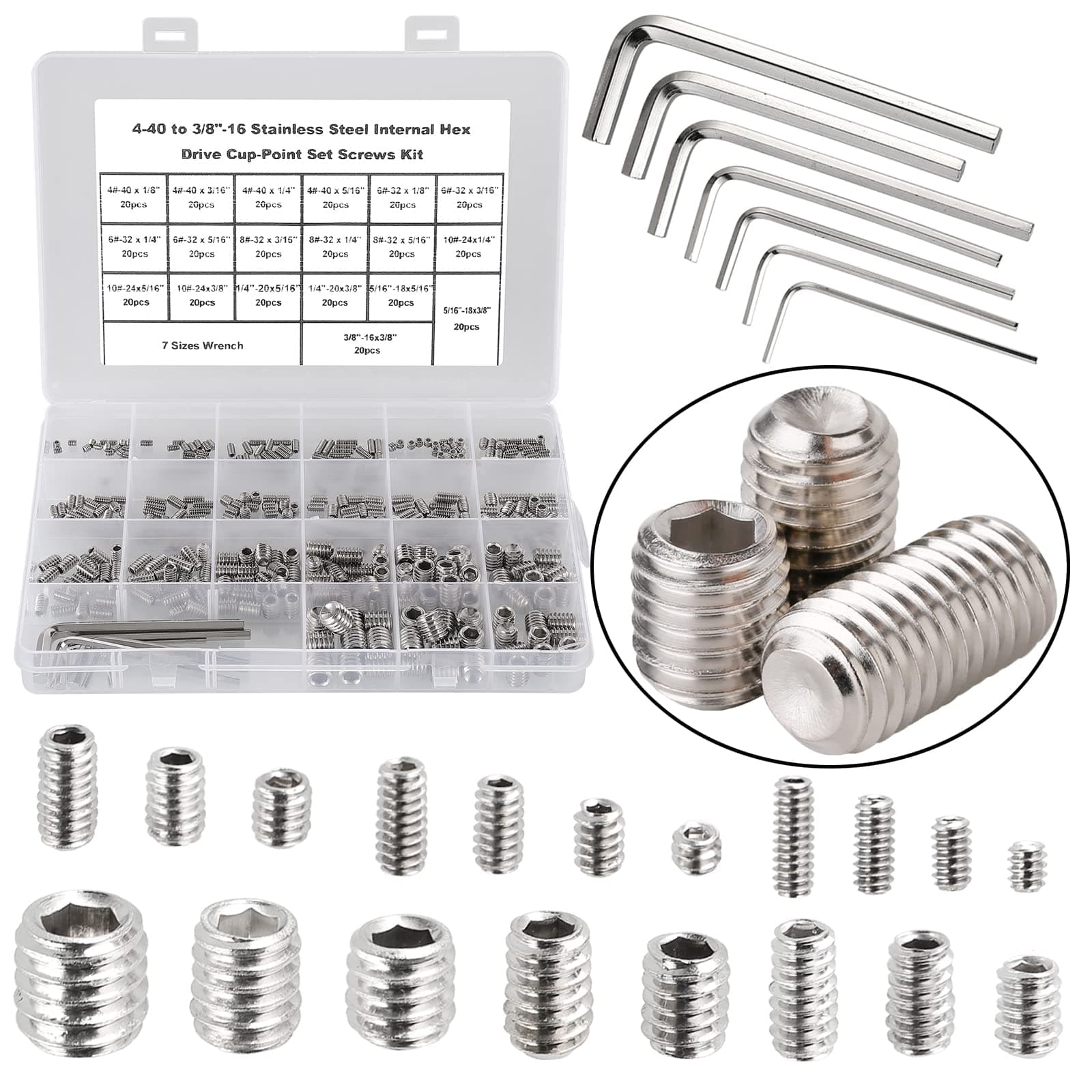 380Pcs Stainless Steel SAE Cup Point Set Screw