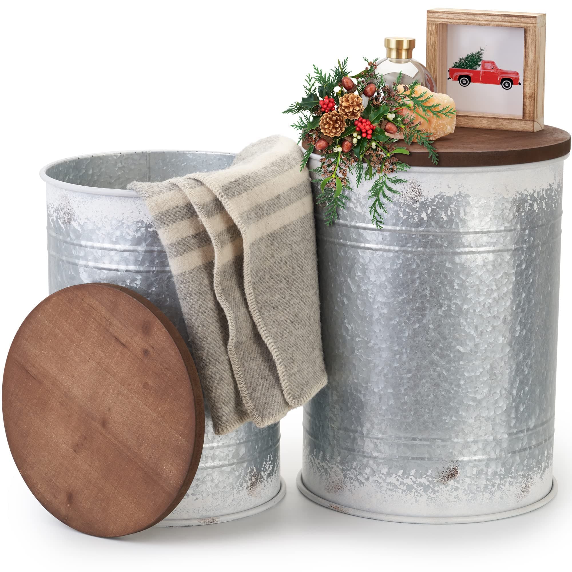Birsppy Decorative End Table Set of 2 - Galvanized Metal Side Tables with Wooden Lid - Rustic Farmhouse Style Blanket Storage to Enhance Your Home Decor and Outdoor Porch Furniture