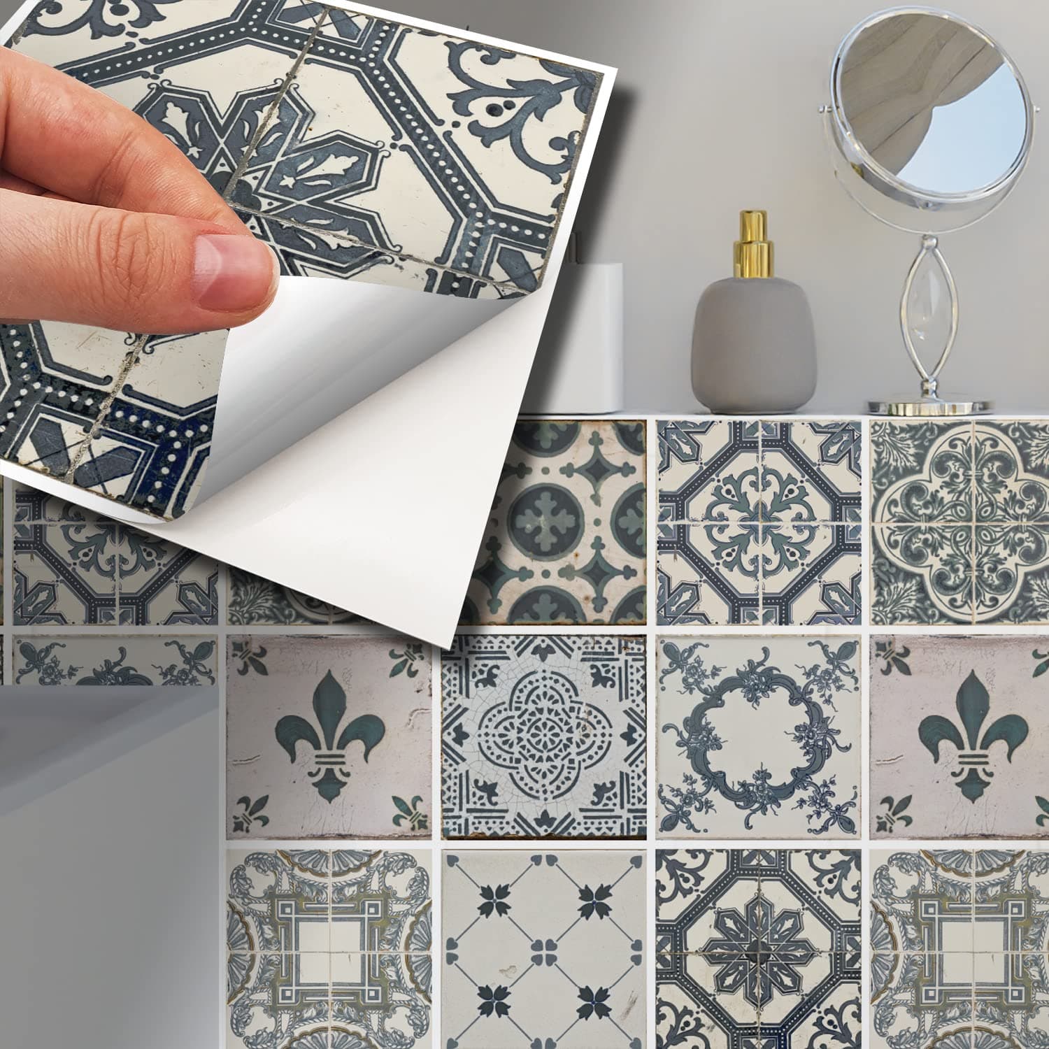 WALPLUS 24 Pcs 15cm(6") Tile Stickers Peel and Stick Backsplash Self-Adhesive Removeable Stick on Wall Vinyl Home Decoration DIY for Living Kitchen Bedroom Splashbacks - Vintage Blue Azulejo