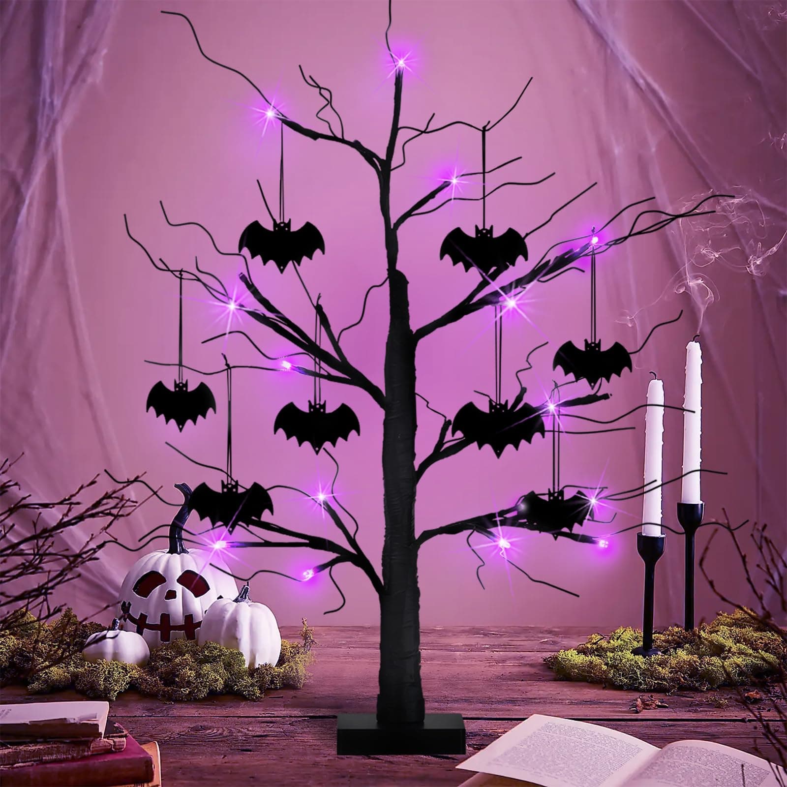 Lighted Halloween Spooky Tree, 24” Battery Operated Black Glittered Tabletop Tree Lights with 24 Purple LEDs 8 Bats Timer Function for Indoor Halloween Party