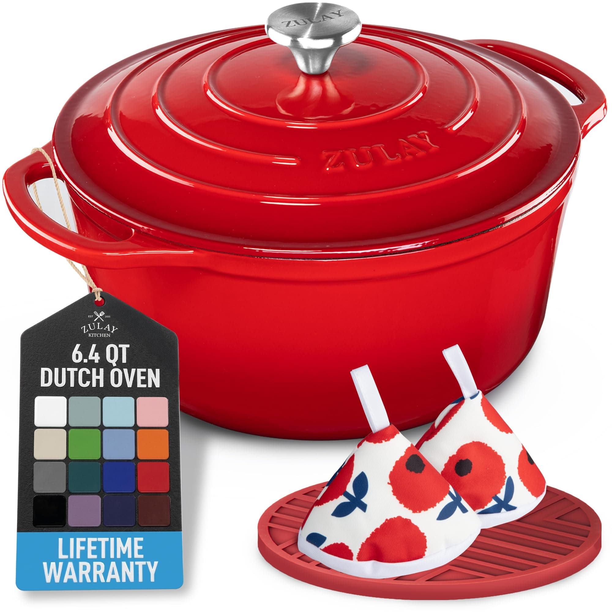Zulay Kitchen 6.4QT Enameled Cast Iron Dutch Oven Pot with Lid, Heavy-Duty Soup Pot for Stews, Braising, Roasting & Sourdough Bread Baking, Oven Safe up to 500°F - Ablaze Red