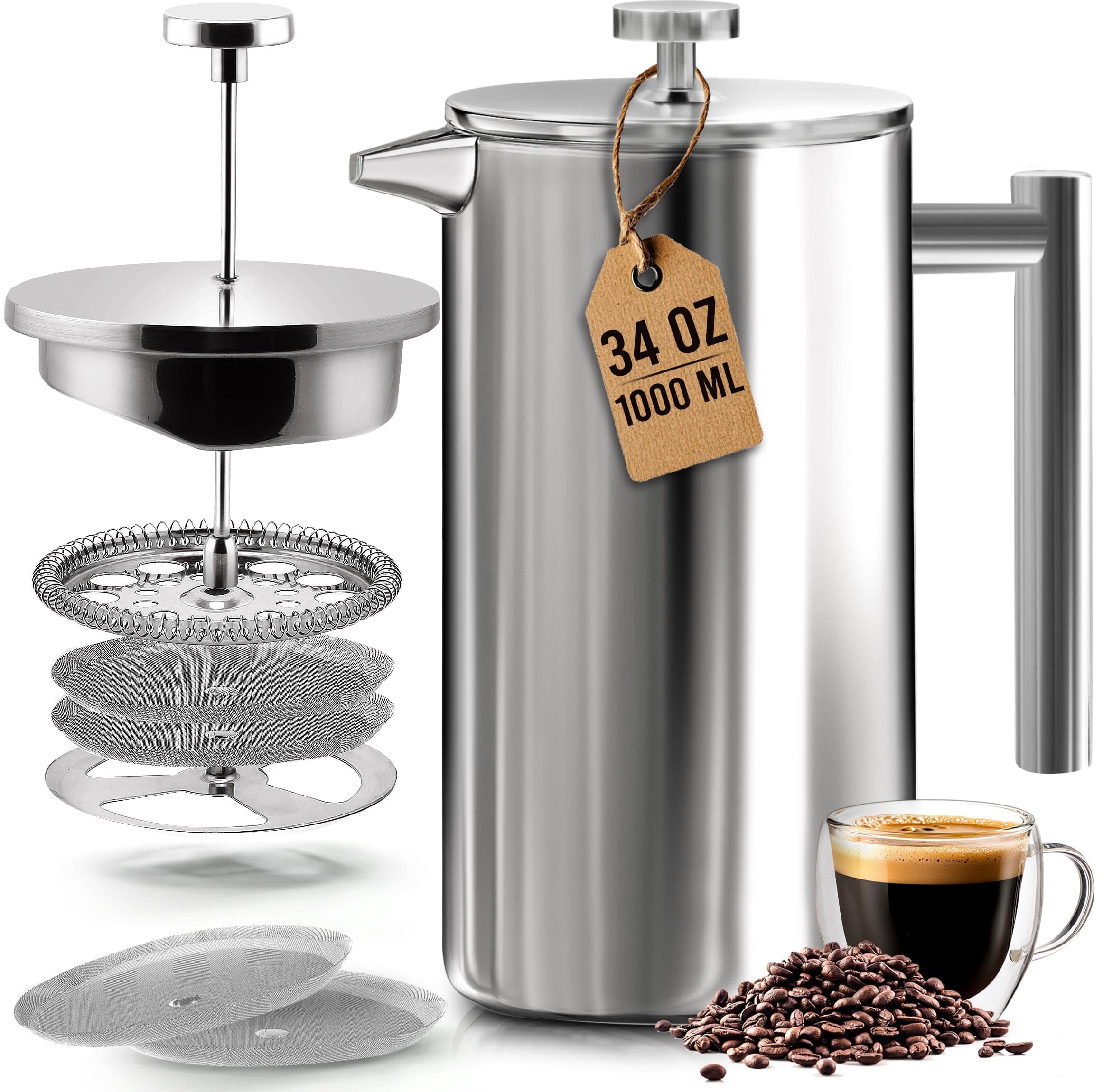 Utopia Kitchen French Coffee Press - Double Walled 32 oz Espresso & Tea Maker - 100% Stainless Steel - Dishwasher Safe