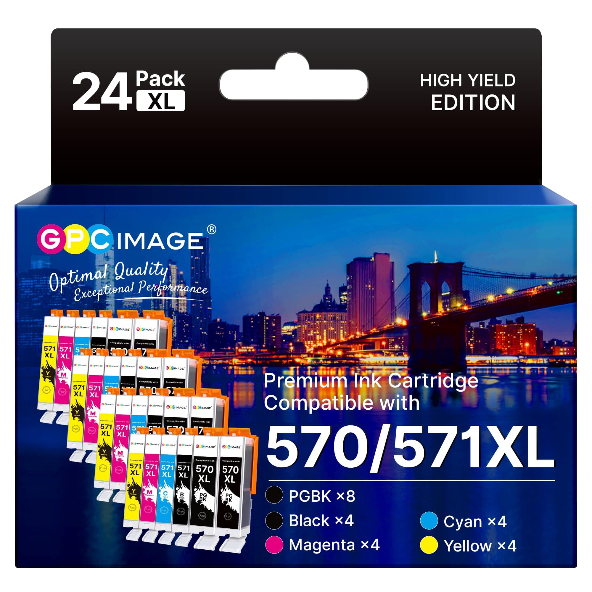 GPC Image 24-Pack 570XL 571XL Ink Cartridges Compatible for Canon 570 571 Ink Cartridges for Canon PIXMA MG5750 MG5751 MG5700 MG5500 TS6050 MG6800 MG6850 MG6851 TS5000 TS5050 (8PGBK/4BK/4C/4M/4Y)