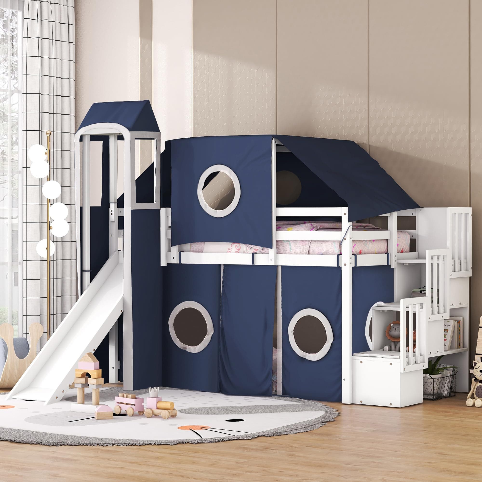 Merax Low Loft Bed Twin Size with Slide and Storage Stairs, Wood Loft Bed with Tent & Tower, for Boys & Girls, Blue