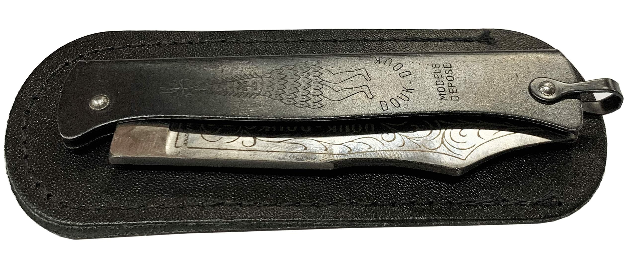Douk Douk Carbon Steel Folding Knife with Black Leather Sheath