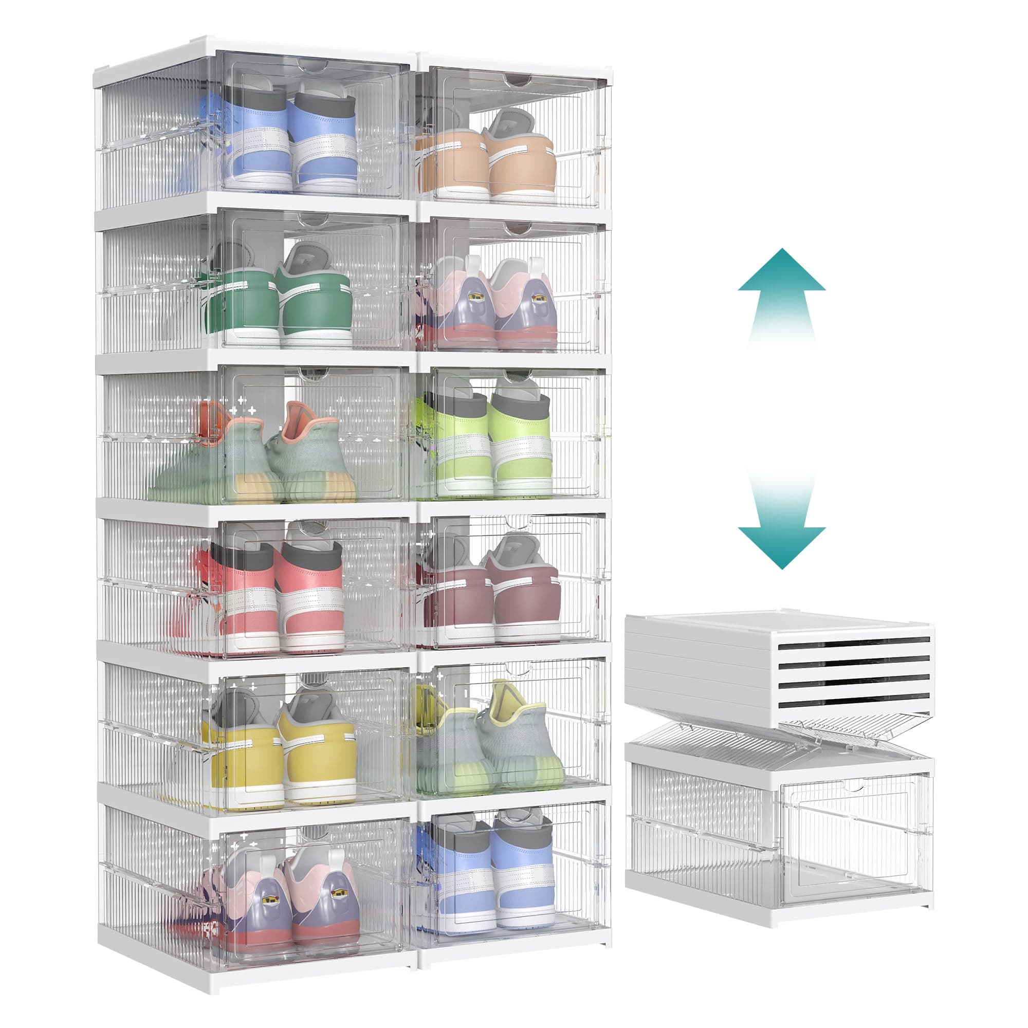 SONGMICSShoe Boxes, Pack of 12 Stackable Shoe Storage Organiser, Set of 2 Integraed Shoe Cabinets, Foldable and Portable, Fit up to UK size 12, 60s Assembly, Transparent and Cloud White LSP206W01