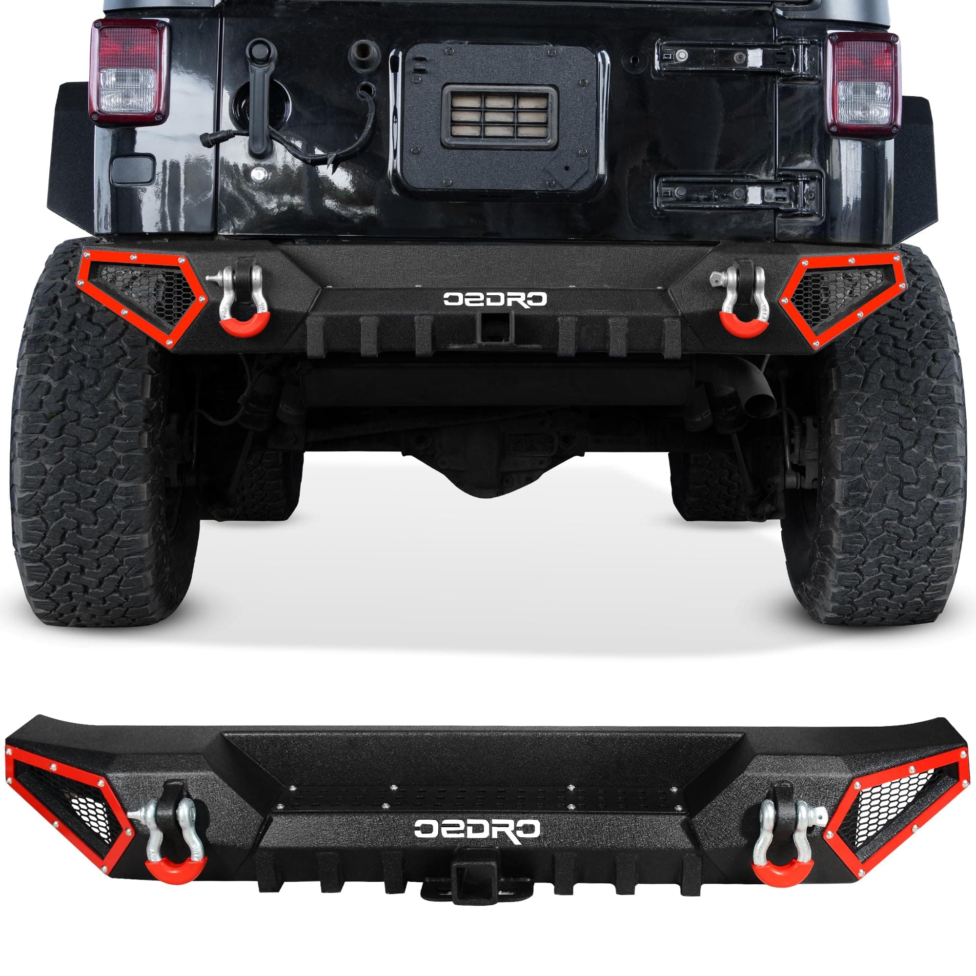 OEDRO Off Road Rear Bumper Combo Compatible with 2007-2018 Jeep Wrangler JK & JKU Unlimited (2/4 Doors), Full Width Back Bumper with Hitch Receiver & 2 x D-Rings