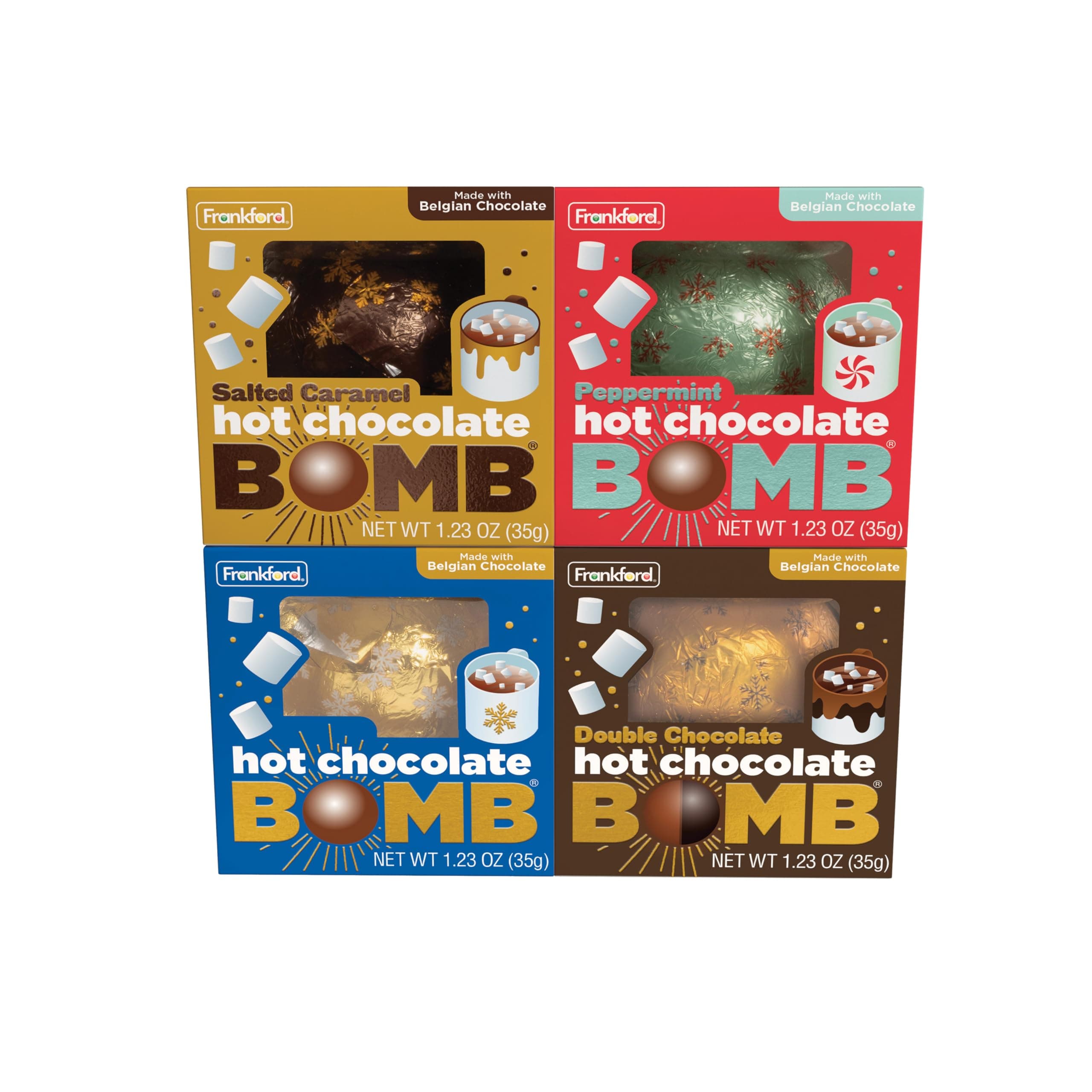 Frankford Hot Chocolate BOMB 4 Pack, Flavors include (1) Original Flavor Melting Ball, (1) Salted Caramel, (1) Double Chocolate, & (1) Peppermint Hot Cocoa Gift Candy