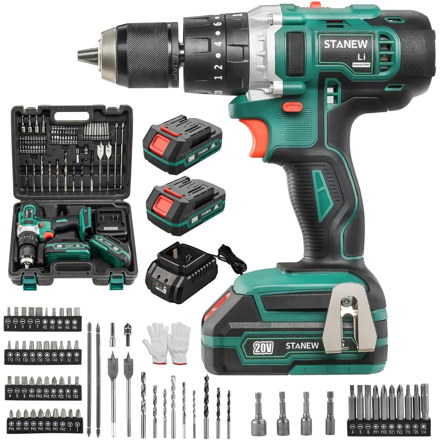 Cordless Hammer Drill, 3in1 Screw Drill Driver Set 20V Li-ion Battery, 69PCs Accessories, with Carrying Case 2 Batteries and Charger