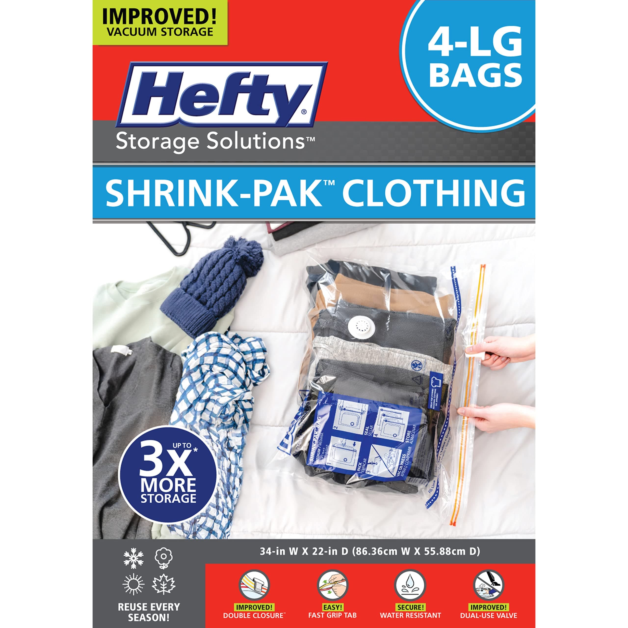 Shrink-Pak Hefty - 4 Large Vacuum Seal Storage Bags – Space Saver Bags for Clothing, Pillows, Towels, or Blankets, 4 x Large Bags