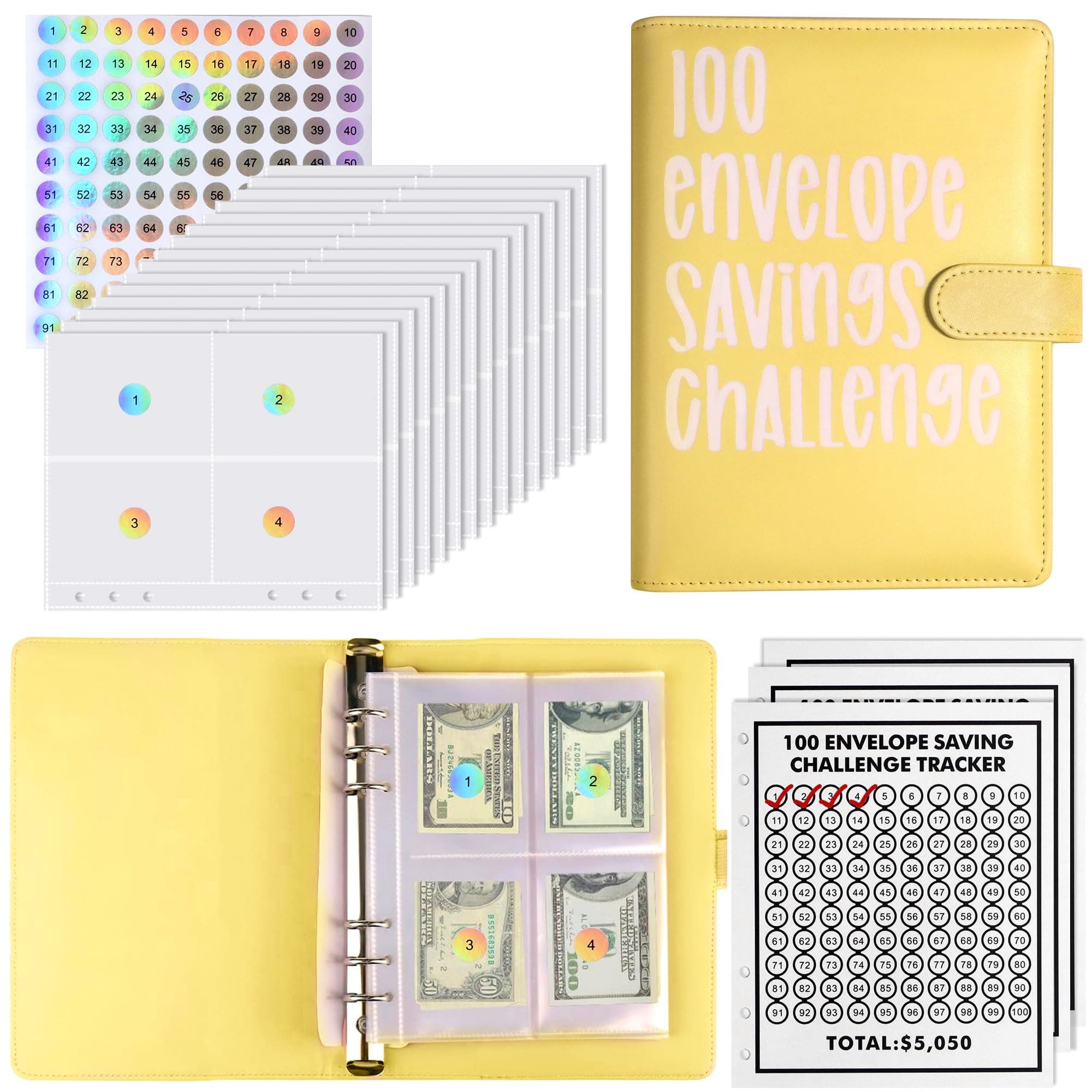 100 Envelopes Money Saving Challenge Binder, Budget Binder Book Organizer with Cash Envelopes for 100 Day Cash Stuffing, Budgeting, Money Saving Box Replacement, Yellow