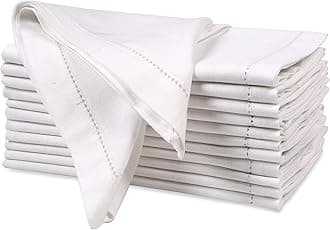 Ramanta Home Hemstitched Cloth Dinner Napkins Set of 12 (50x50 CM) White- Cotton Flax Fabric, Machine Washable- Durable Hotel Quality Napkins