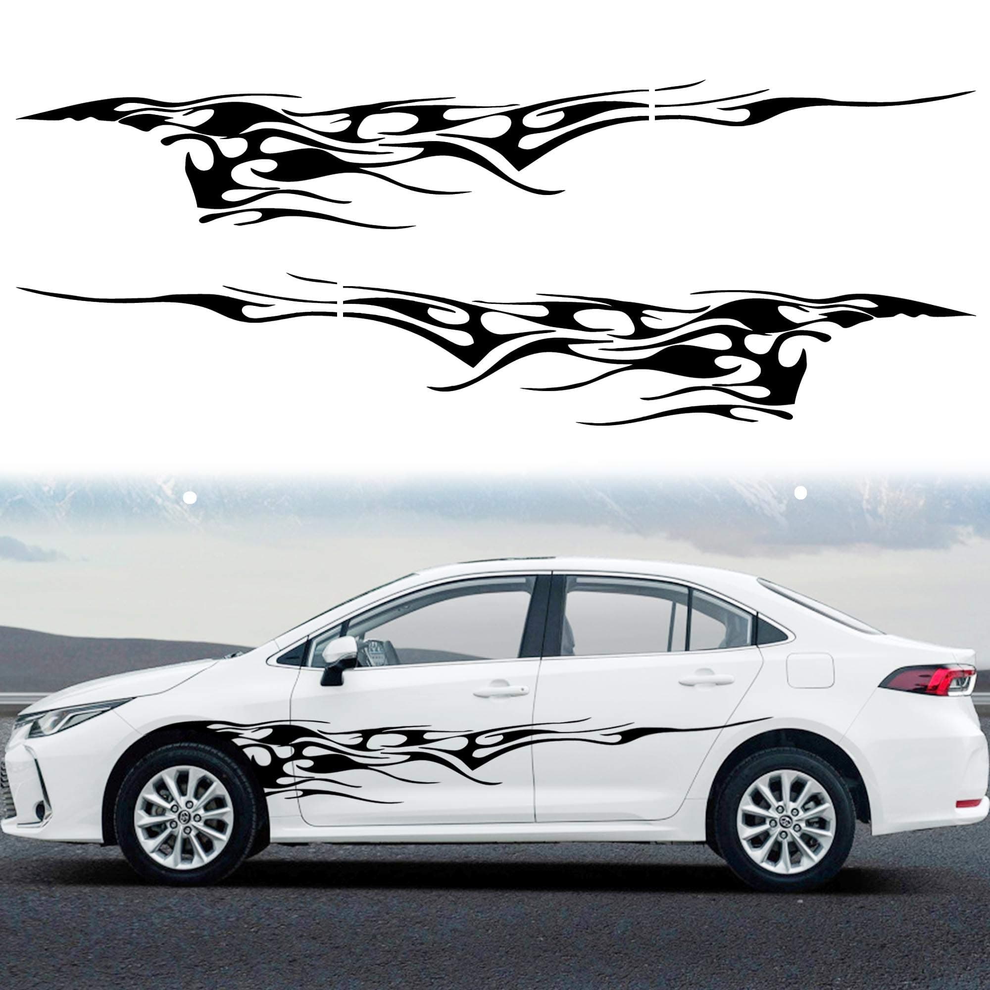 TOMALL 2Pcs 102.7'' Flame Graphics Car Body Side Sticker Racing Sports Stripe Decal for Universal Vinyl Self-Adhesive Decoration Accessories Truck SUV Off-Road Vehicles (Black)