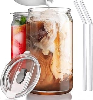 Drinking Beer Glasses with Lids and Glass Straw 2pcs Set - 400ml Can Shaped Glass Cups, Iced Coffee Glasses, Cute Tumbler Cup, Ideal for Cocktail, Smoothies, Gift, (Beer Can with Lid)
