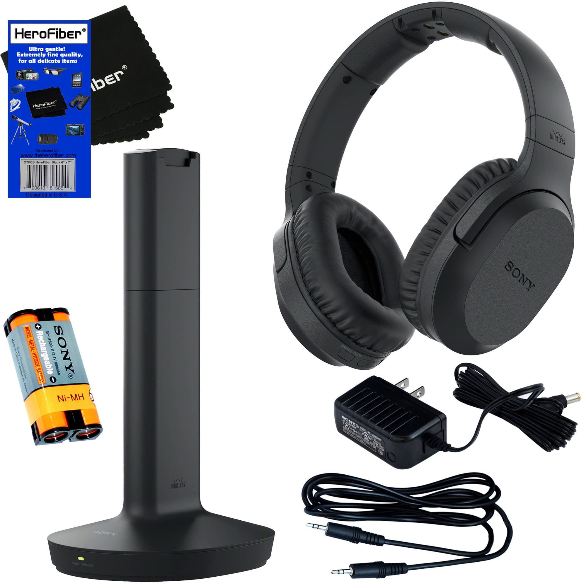 Sony MDRRF995RK Wireless RF (Radio Frequency) Headphone with Transmitter Base Station + Stereo Connecting Cable + AC adaptor + HeroFiber Ultra Gentle Cleaning Cloth