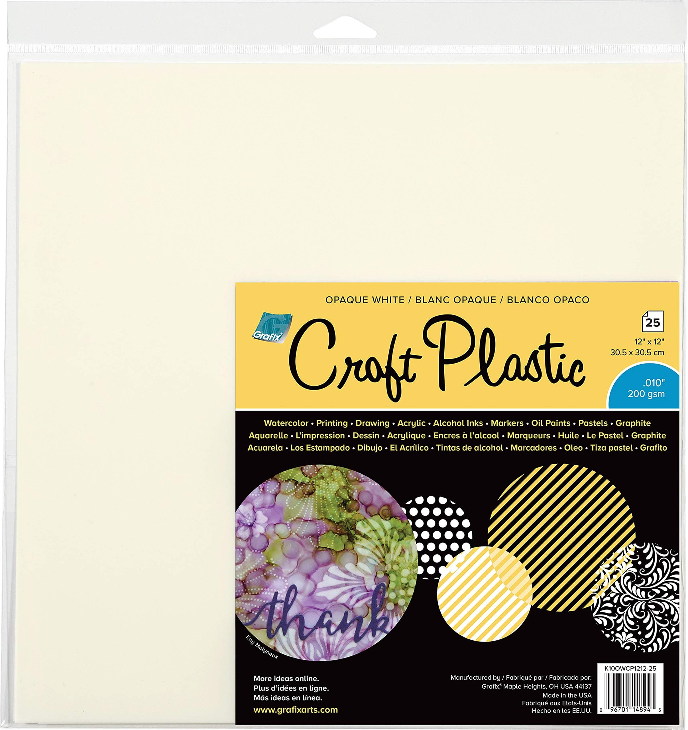 Grafix Opaque Craft Plastic – Opaque .010” Craft Plastic Film, Durable and Flexible Film, Perfect for DIY Crafts, Mixed Media, Fluid Art, Watercolors, and Stamping White, 12x12”, Pack of 25