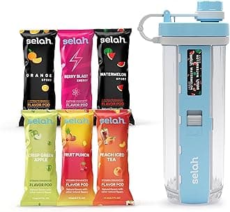 Selah Flavored Water Bottle - Water Enhancer, Sugar Free, Vitamin Infused Water - 20oz Water Bottle With Flavor Pods Included - Energy Drink, Strawberry, and Sports Drink Pods (Blue, 6 Flavor Pod)