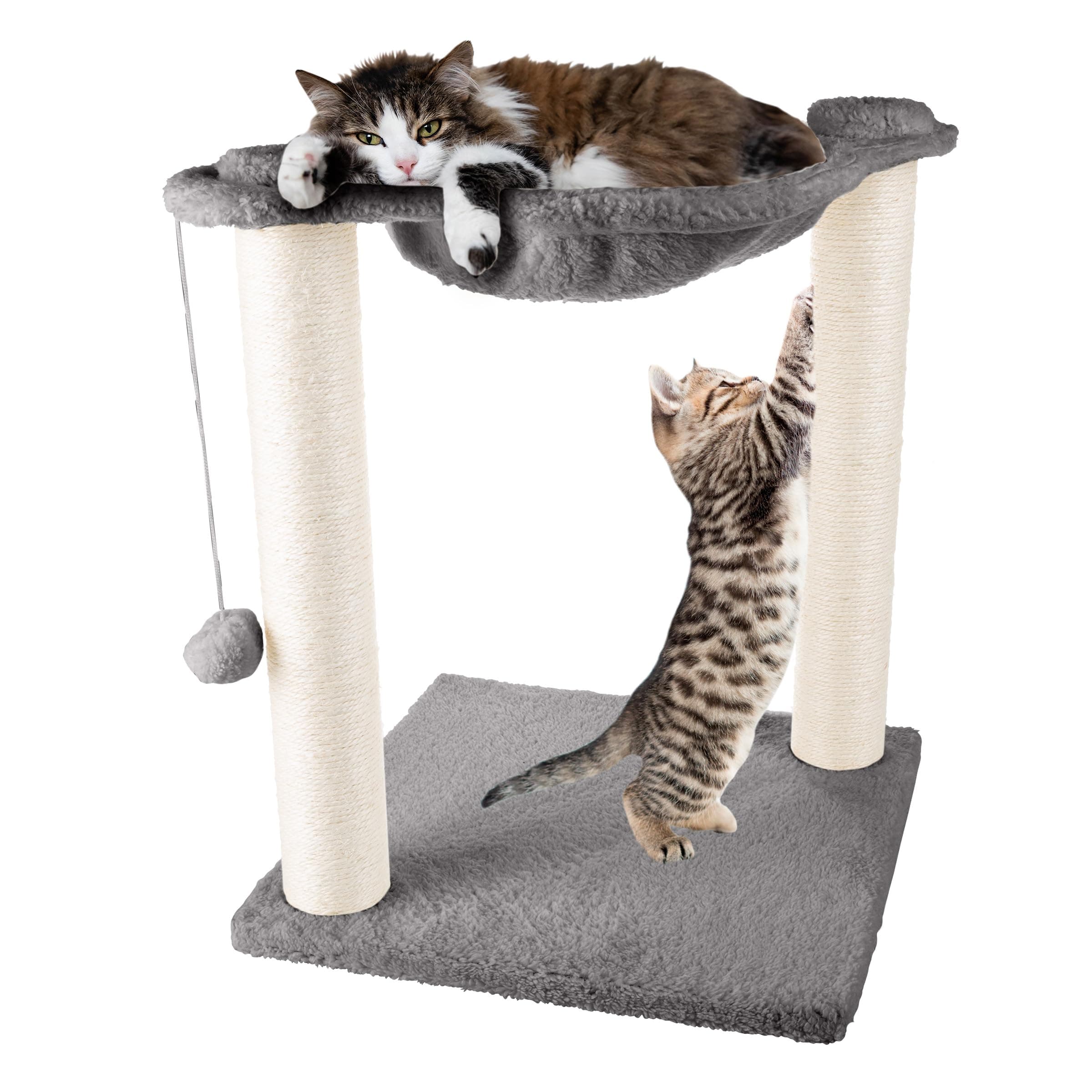 Cat Hammock with Scratching Posts for Indoor Cats - 19-Inch-Tall Cat Tree with Hanging Ball Toy for Adult Cats and Kittens by PETMAKER (Gray)