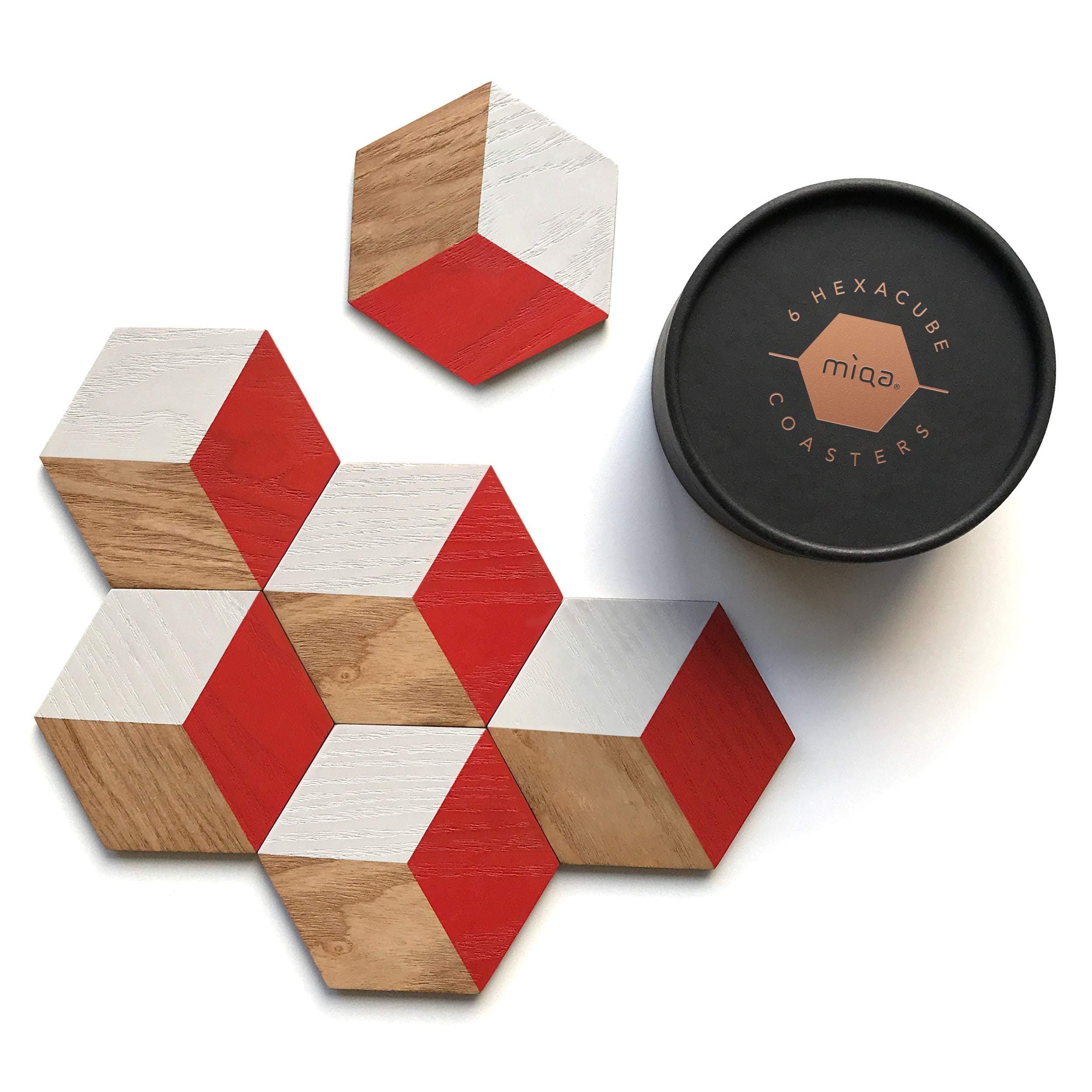 Miqa Coasters for Drinks (6 coaster set) Red Geometric Hexagon Pattern Design