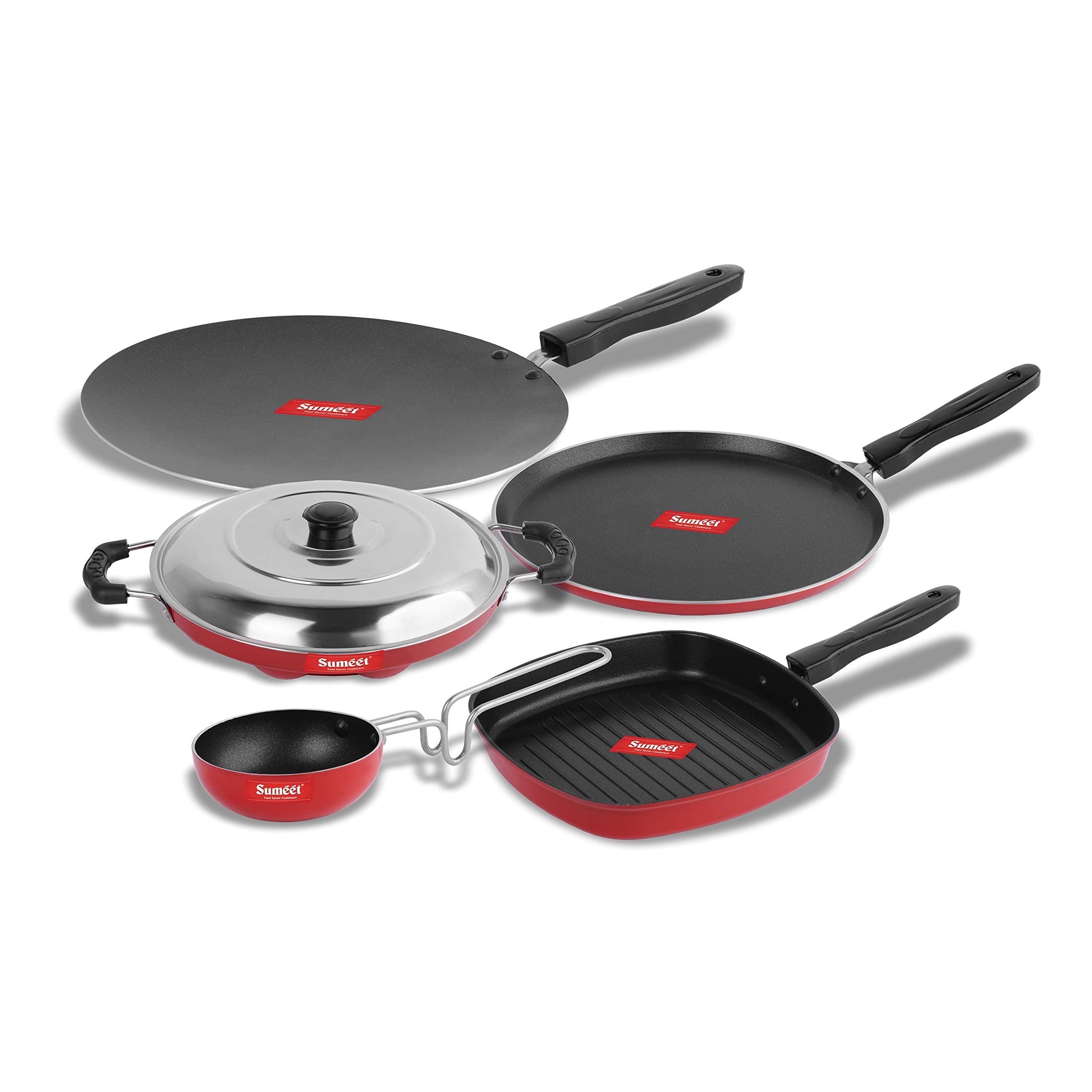Sumeet 2.6mm Thick Non-Stick Red Tom Cookware set (Dosa Tawa – 26.5cm Dia + Grill Appam Patra with Lid – 23cm Dia + Grill Pan – 1.1Ltr – 22cm Dia + Tadka Pan – 10cm Dia + Tadka Pan – 10cm Dia)
