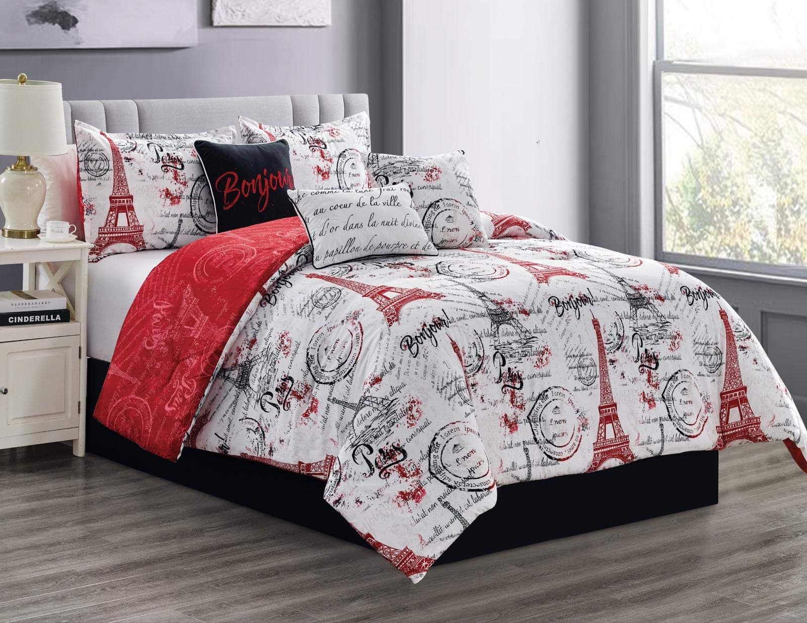 Sapphire Home King Size Comforter Set in a Bag - 7 Piece Paris Bedroom Comforter Set with Shams, Bedskirt Cushions, Eiffel Tower Bedding for Shabby Chic and Stylish Bedroom Decor - Red, Black & White