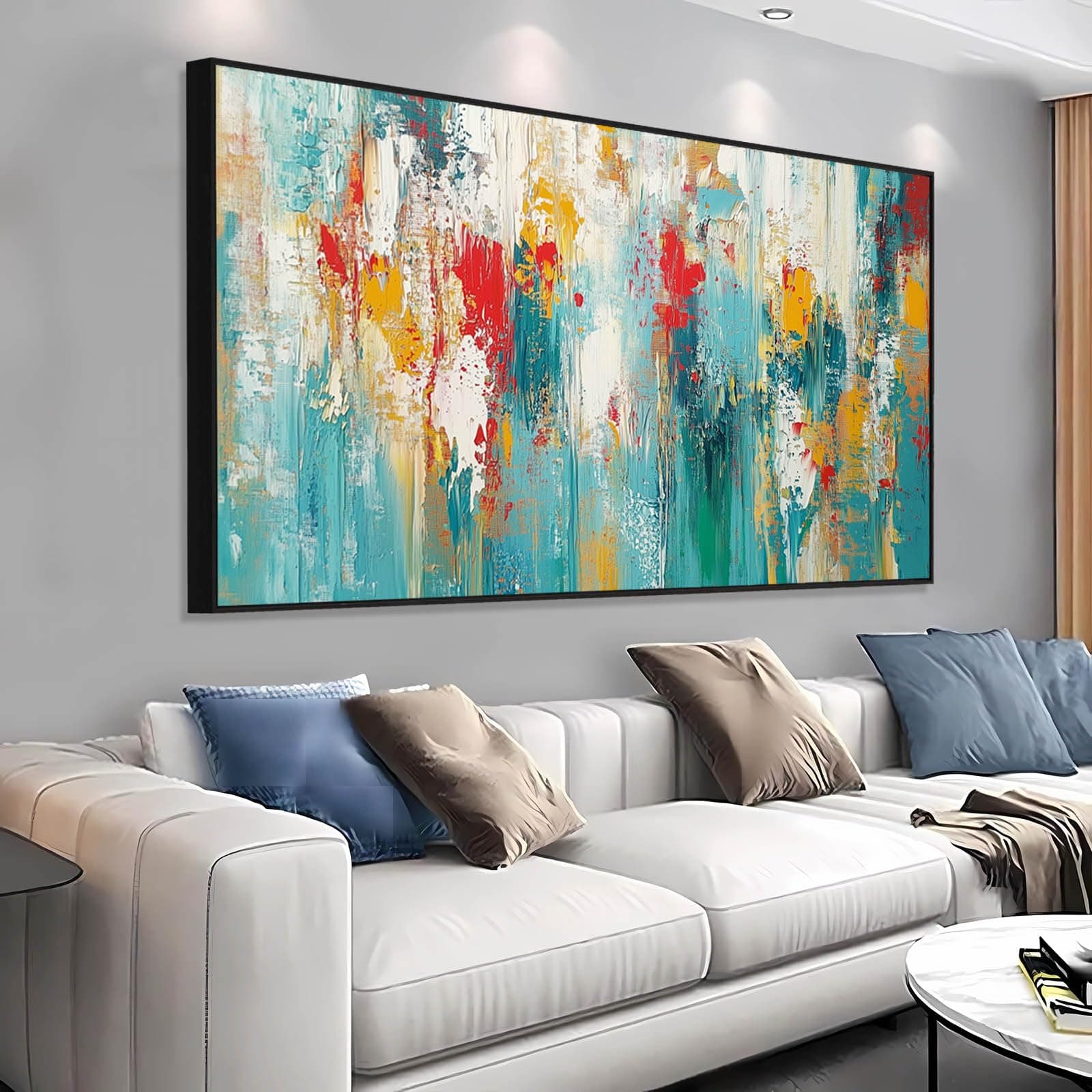 Extra Large Abstract Painting on Canvas, Abstract Wall Decor, Blue Gold Wall Art, Textured Style Artwork, Abstract Print Art, Modern Canvas Art Wall Decor, Wall Decor Office Living Room (Black Frame, 69"x39"|174x98cm)