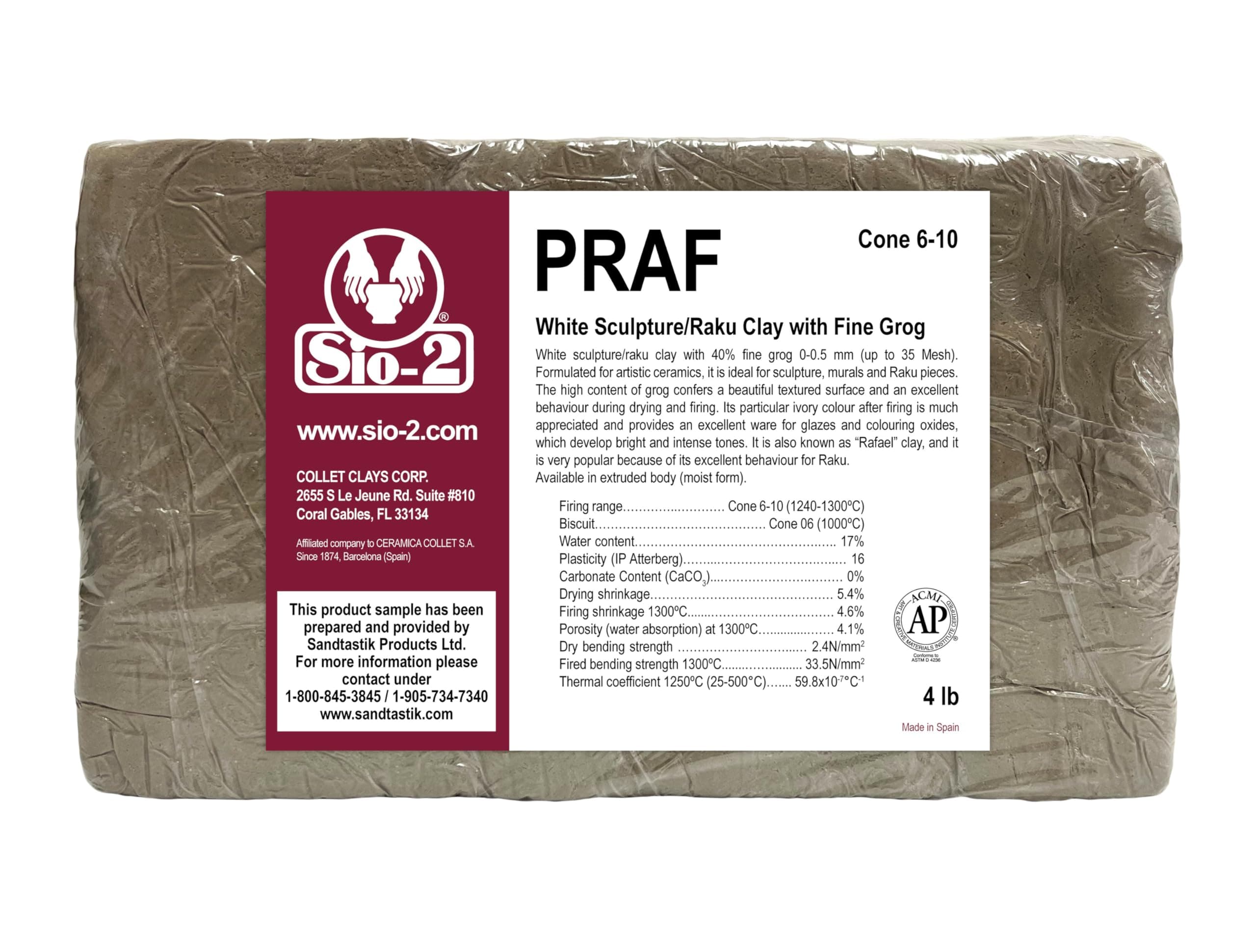 SIO-2 PRAF White High Fire Sculpture Clay, 4 lb (Cone 6-10) Natural Modeling Pottery Clay for Sculpting & Hand Building